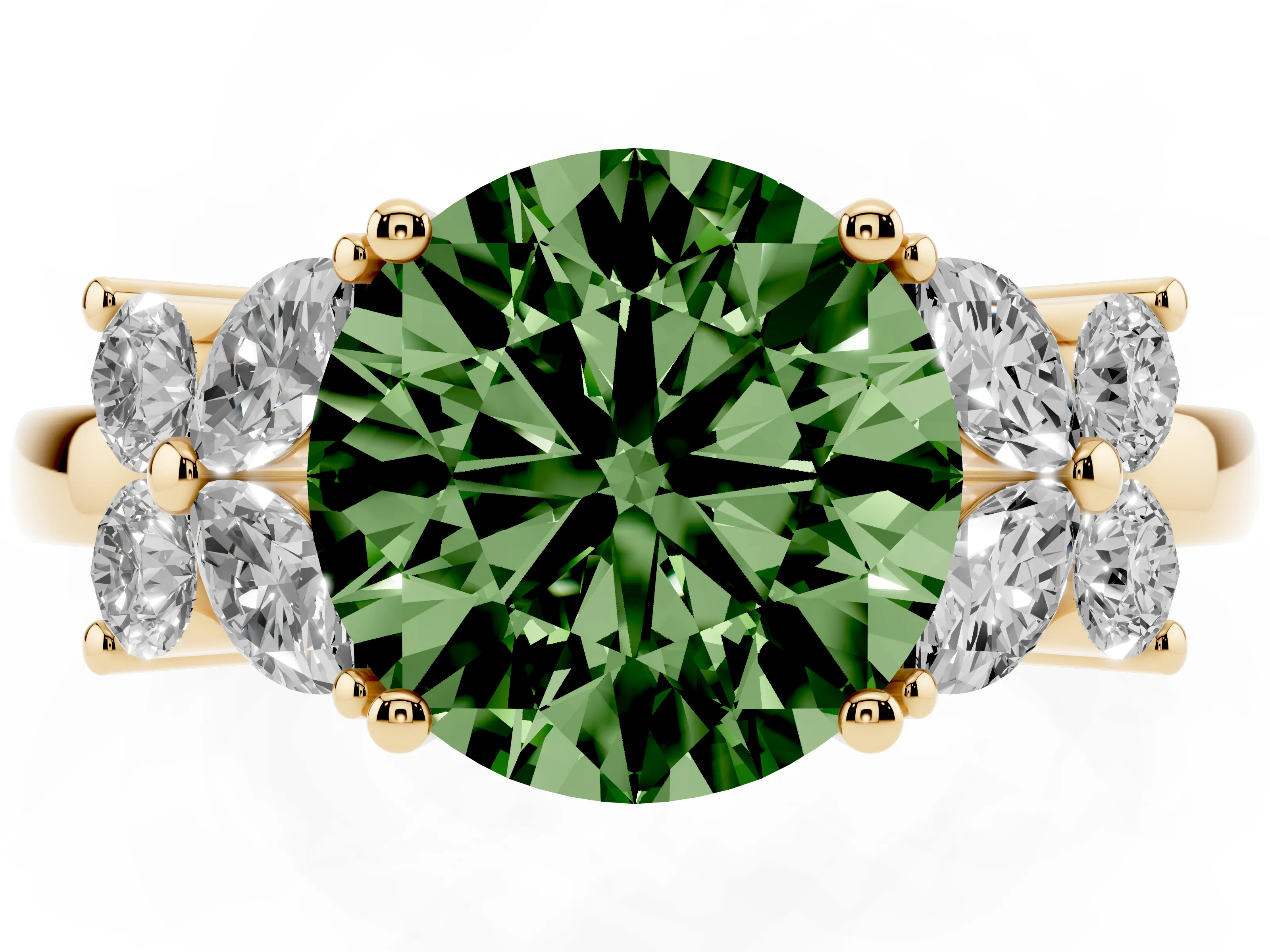 Fancy Green Round Cut Diamond Floral Cluster Ring Set in Yellow gold with Marquise Petals and Prong Setting