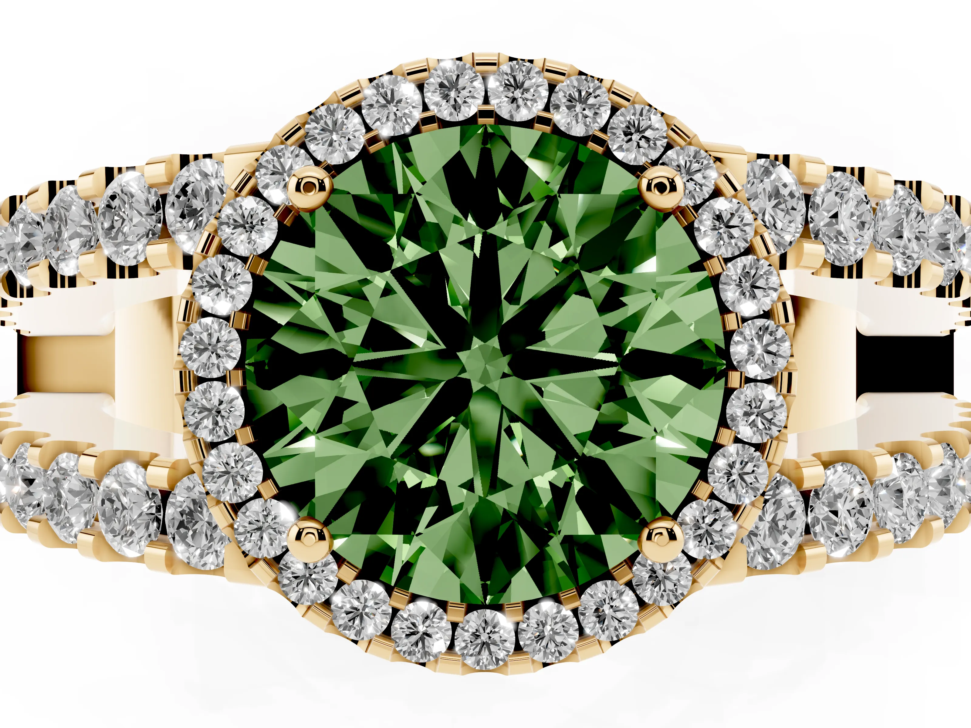Fancy Green Round Cut Diamond Halo Ring Set in Yellow gold with Pavé Split Shank and Prong Setting