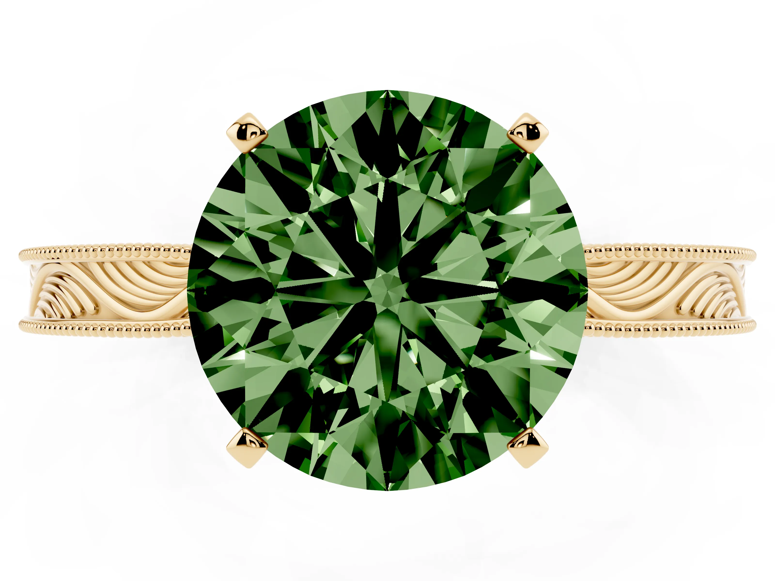 Fancy Green Round Cut Diamond Solitaire Milgrain Engraved Band Set in Yellow gold with Prong Setting