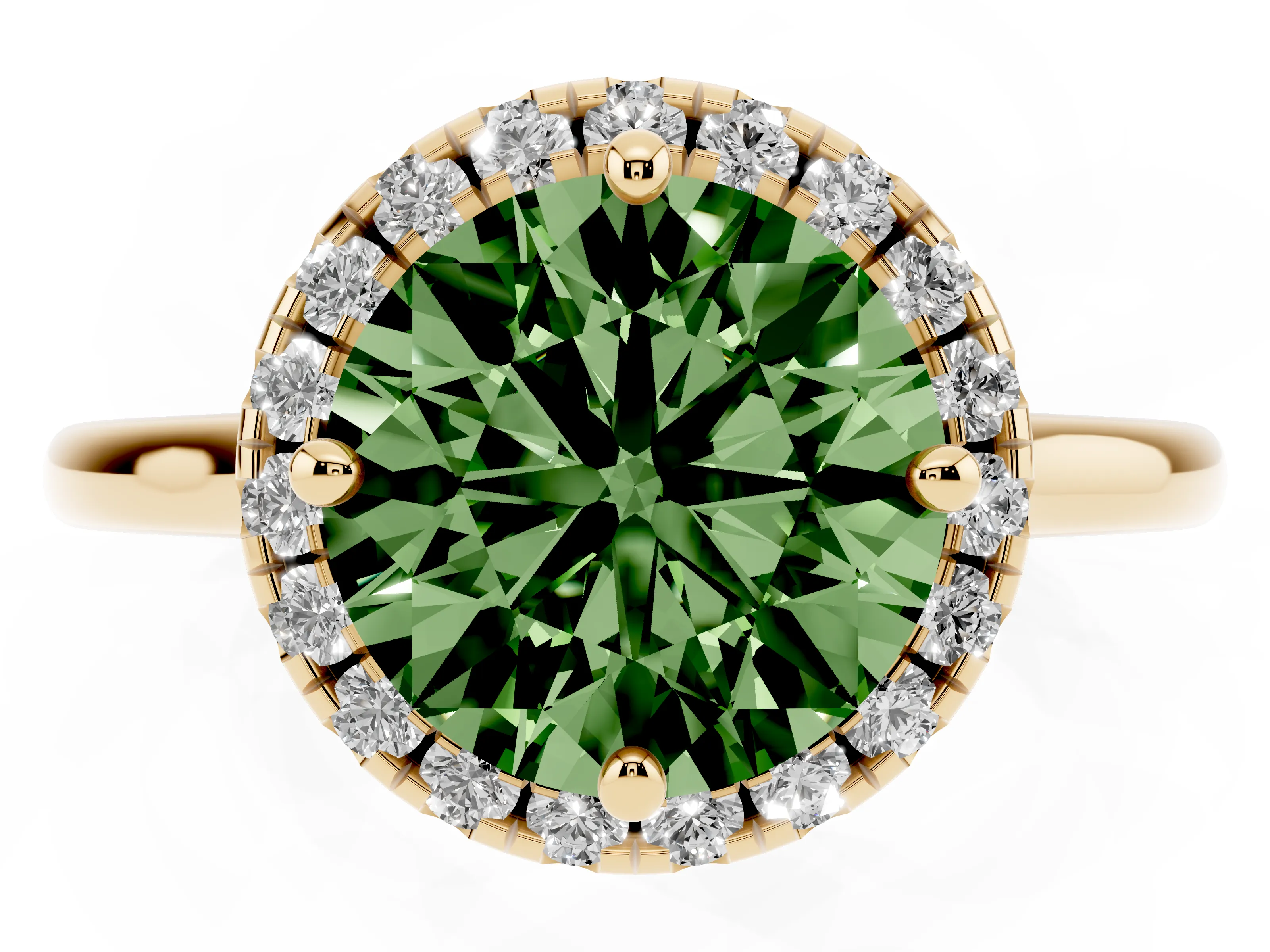 Fancy Green Round Cut Diamond Halo Engagement Ring Set in Yellow gold with Pavé Band and Rising Shoulders