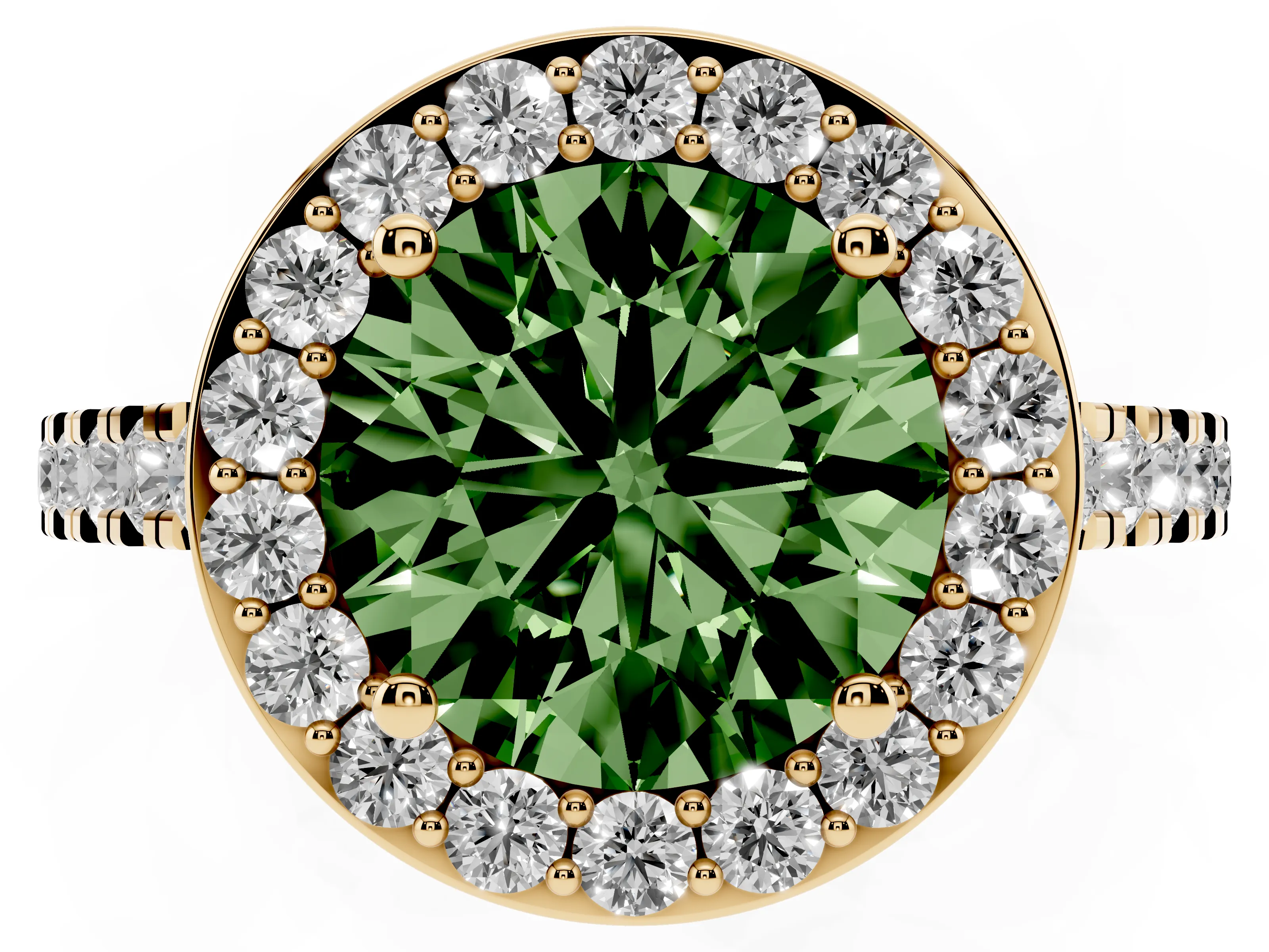 Fancy Green Round Cut Diamond Halo Ring Set in Yellow gold with Round Pavé Split Shank and Prong Setting