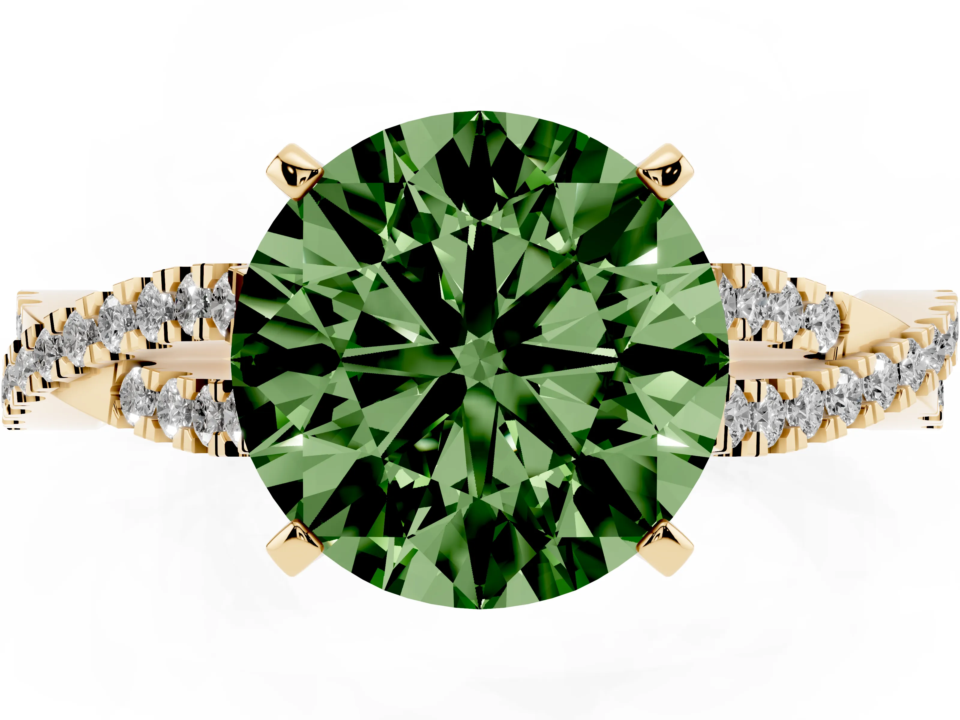 Fancy Green Round Cut Diamond Solitaire Engagement Ring Set in Yellow gold with Twisted Pavé Band and Prong Setting