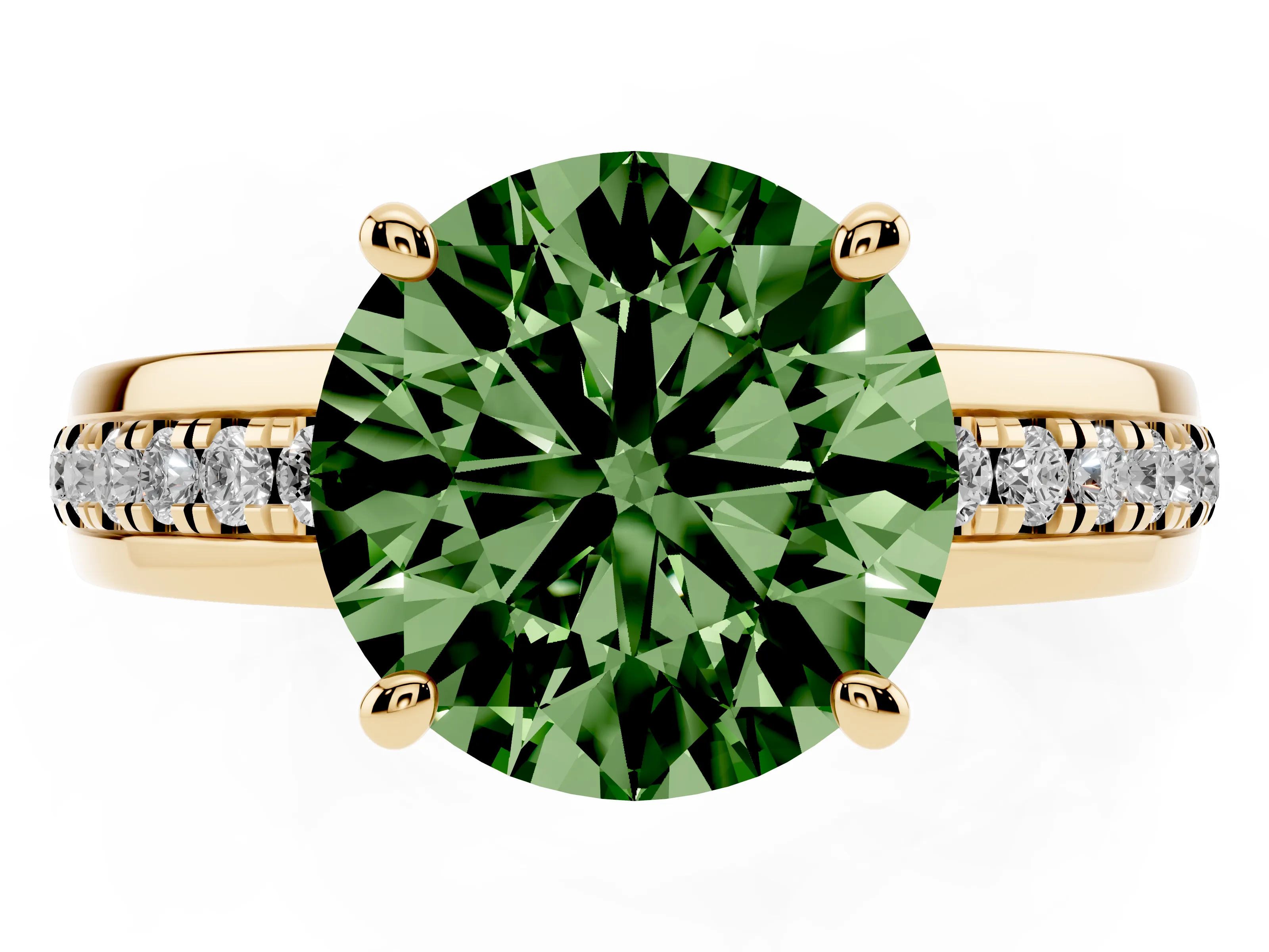 Fancy Green Round Cut Diamond Solitaire Ring Set in Yellow gold with Channel Set Band and Prong Setting