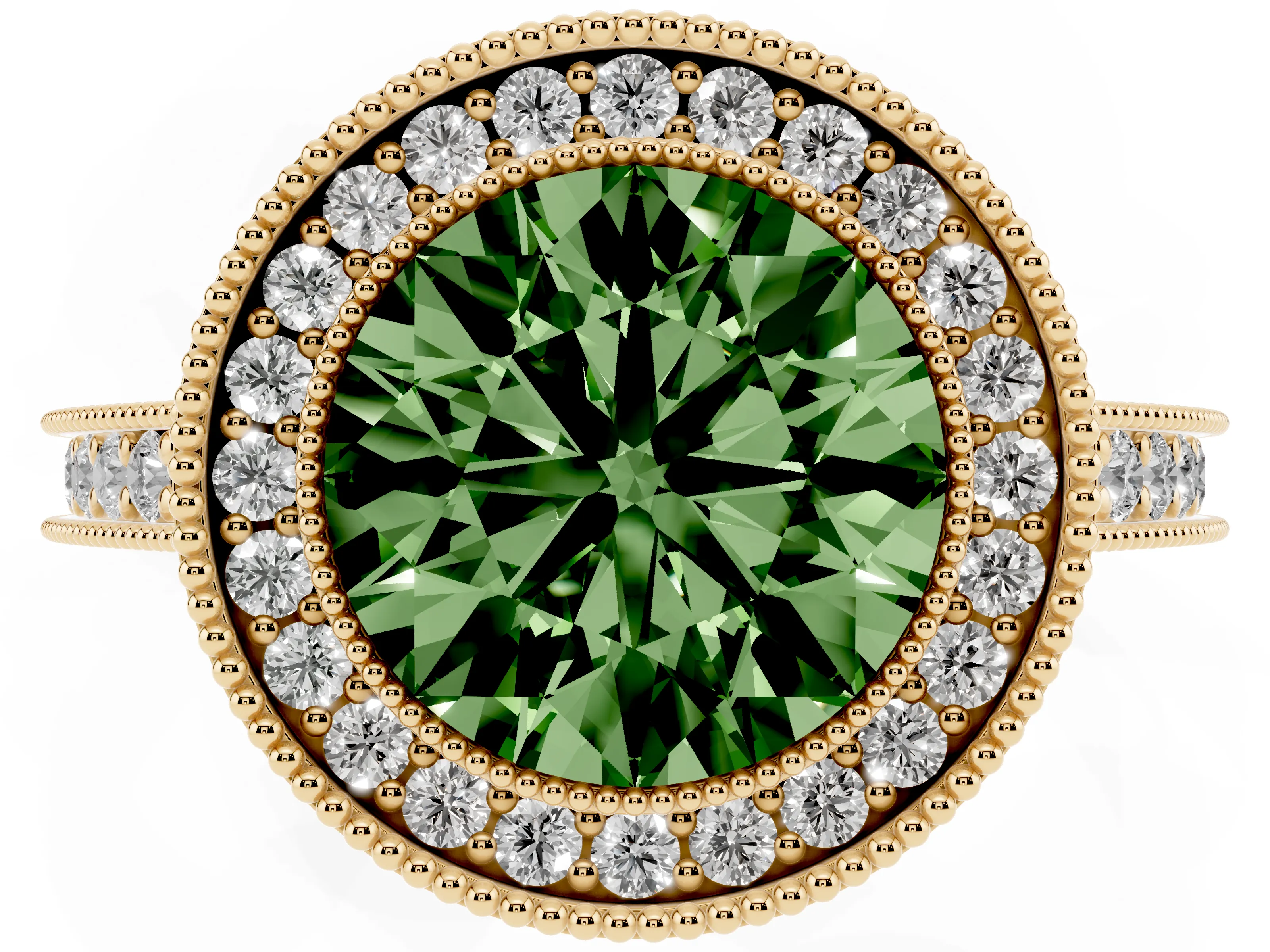 Fancy Green Round Cut Diamond Halo Milgrain Pavé Band Ring Set in Yellow gold with Prong Setting