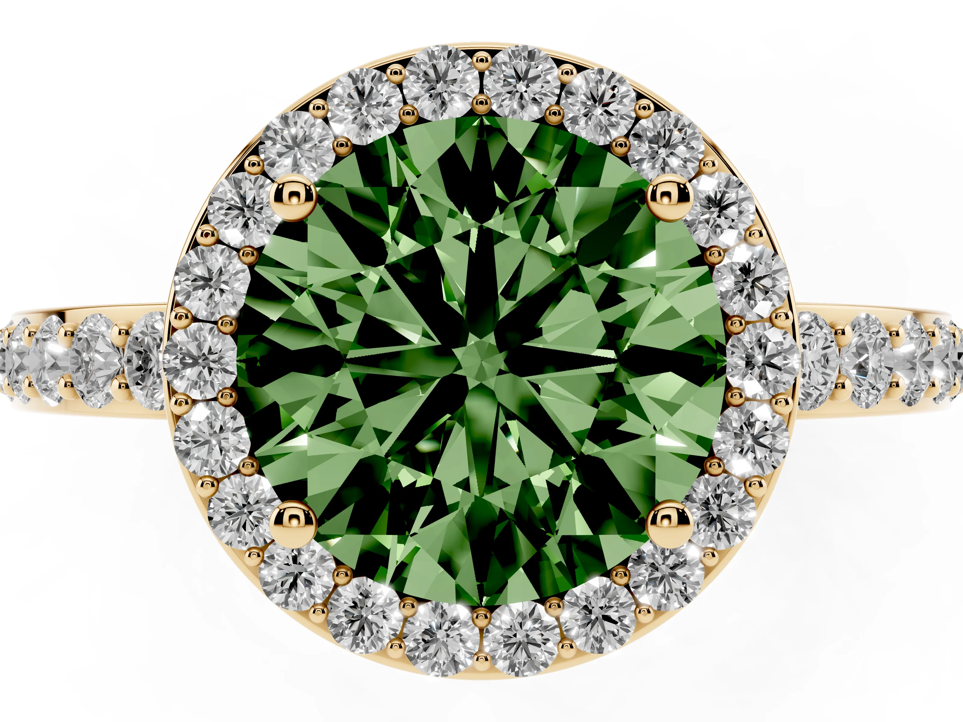 Fancy Green Round Cut Diamond Halo Ring Set in Yellow gold with Pavé-Setting Band and Open Prong Center