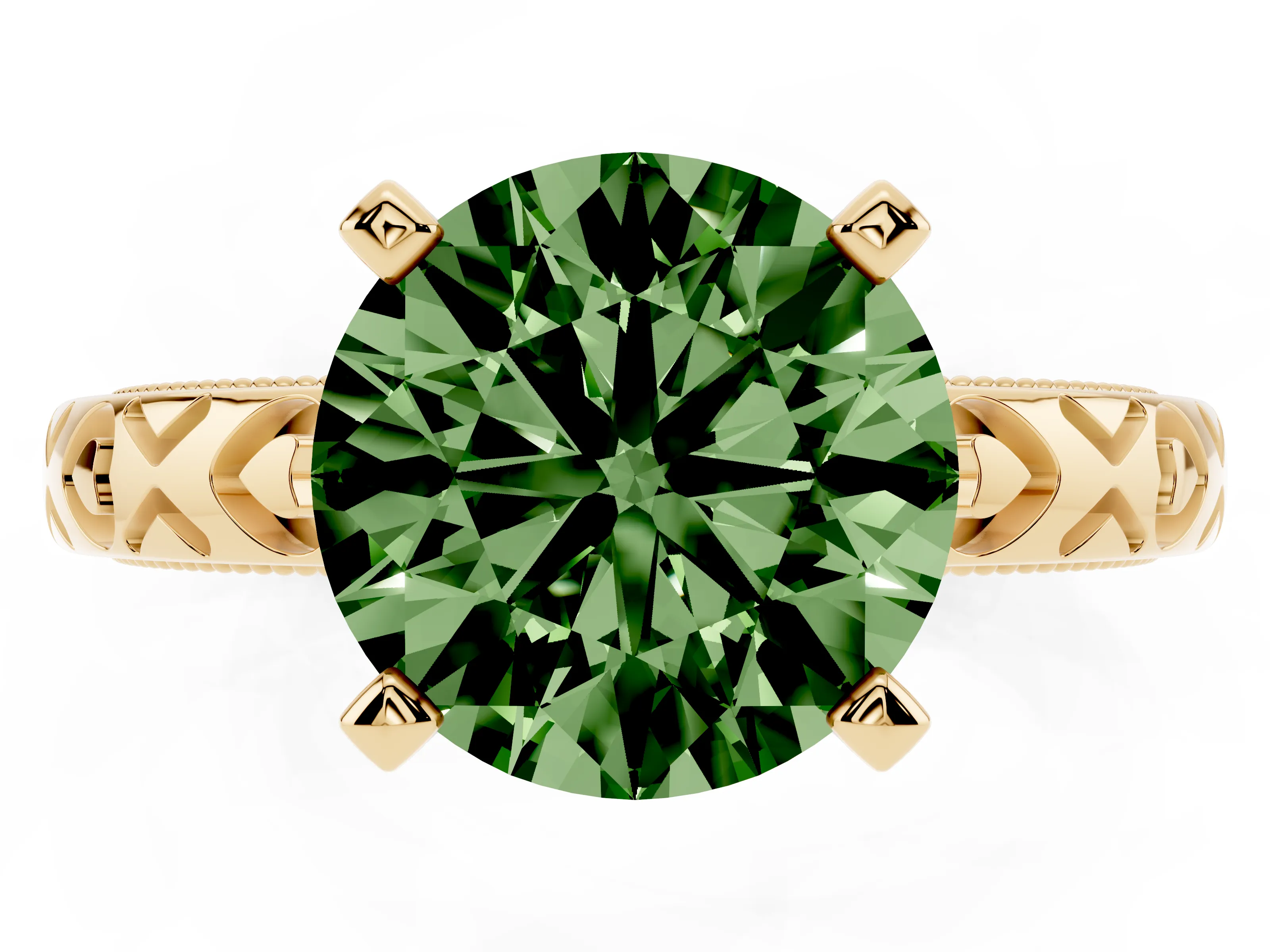 Fancy Green Round Cut Diamond Solitaire Engagement Ring Set in Yellow gold with XO Engraved Band and Prong Setting