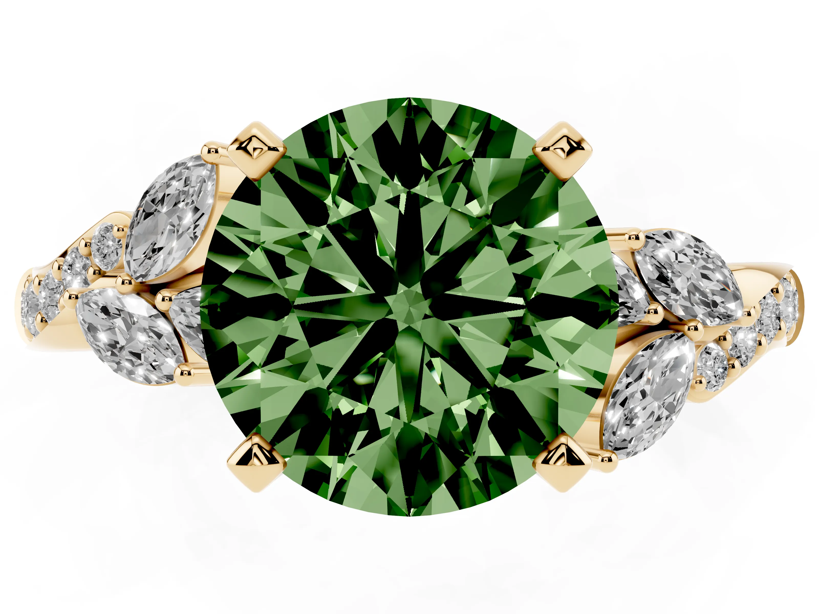 Fancy Green Round Cut Diamond Solitaire Ring Set in Yellow gold with Marquise Twist Band and Prong Setting