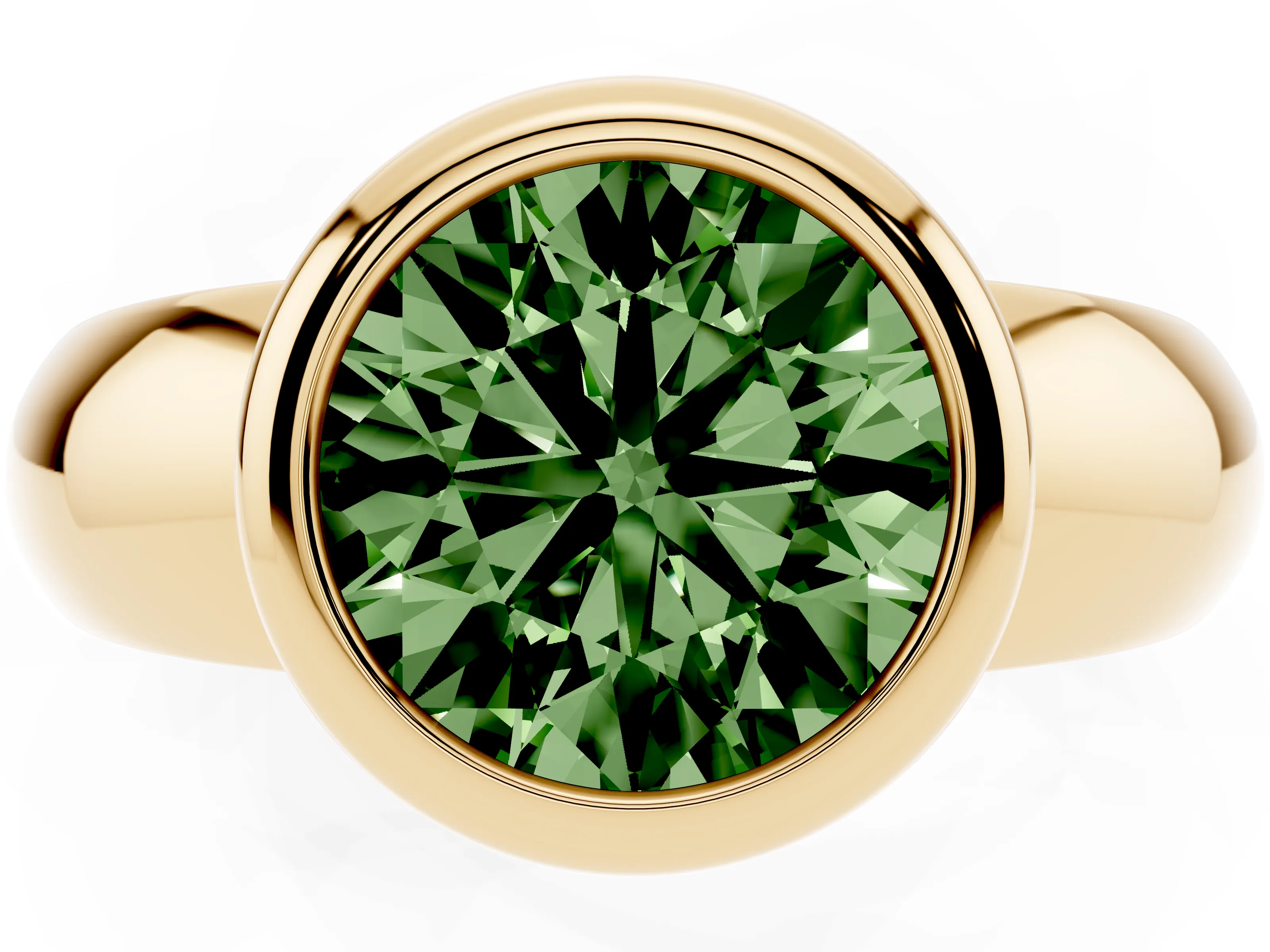 Fancy Green Bezel Set Round Cut Diamond Solitaire Ring Set in Yellow gold with Wide Band