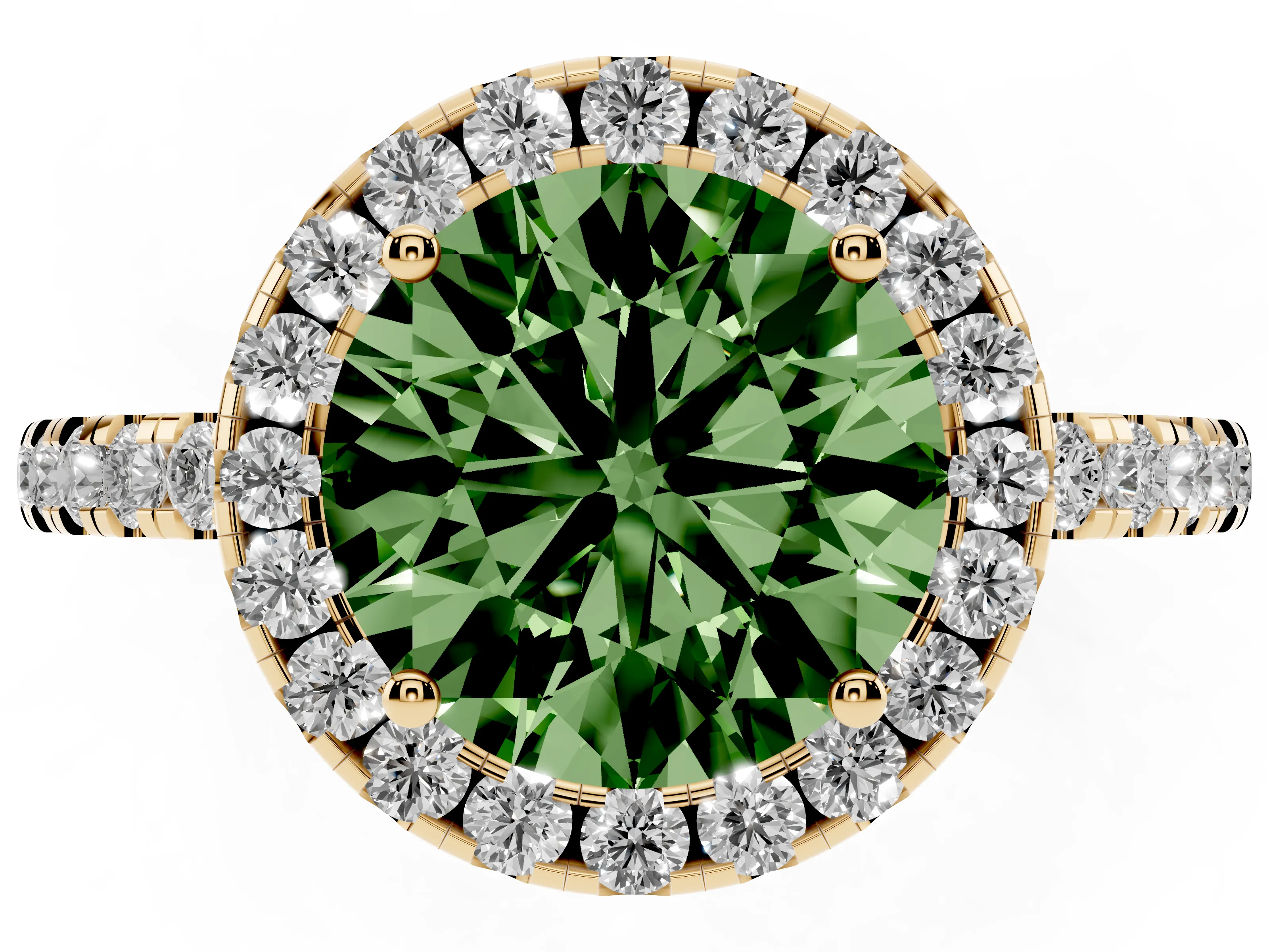 Fancy Green Round Cut Diamond Pavé Band Halo Engagement Ring Set in Yellow gold with Prong Setting