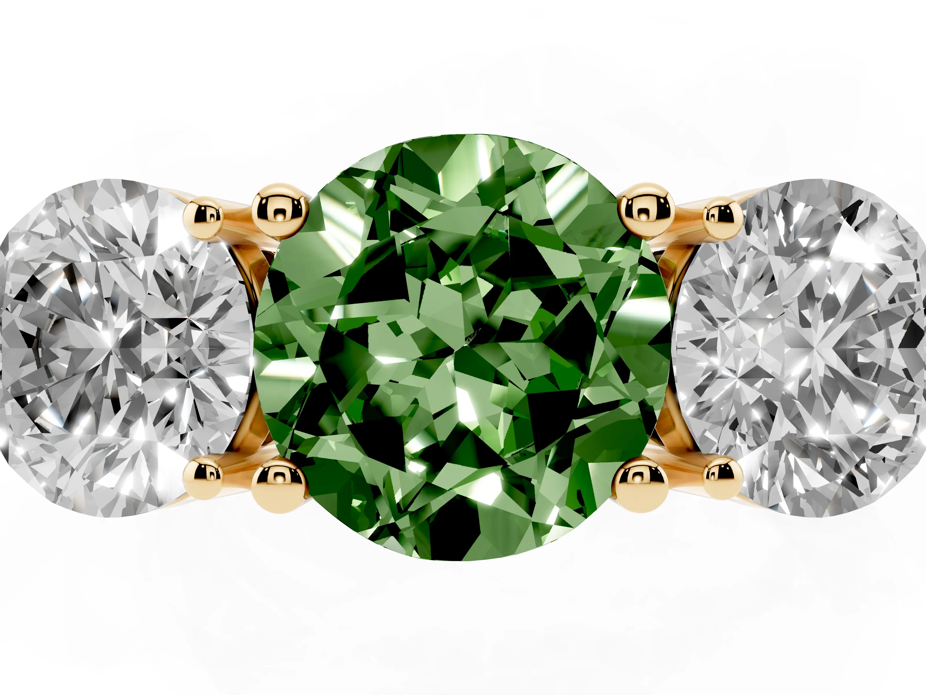 Fancy Green Round Cut Diamond Three-Stone Ring Set in Yellow gold with Prong Setting and Plain Band