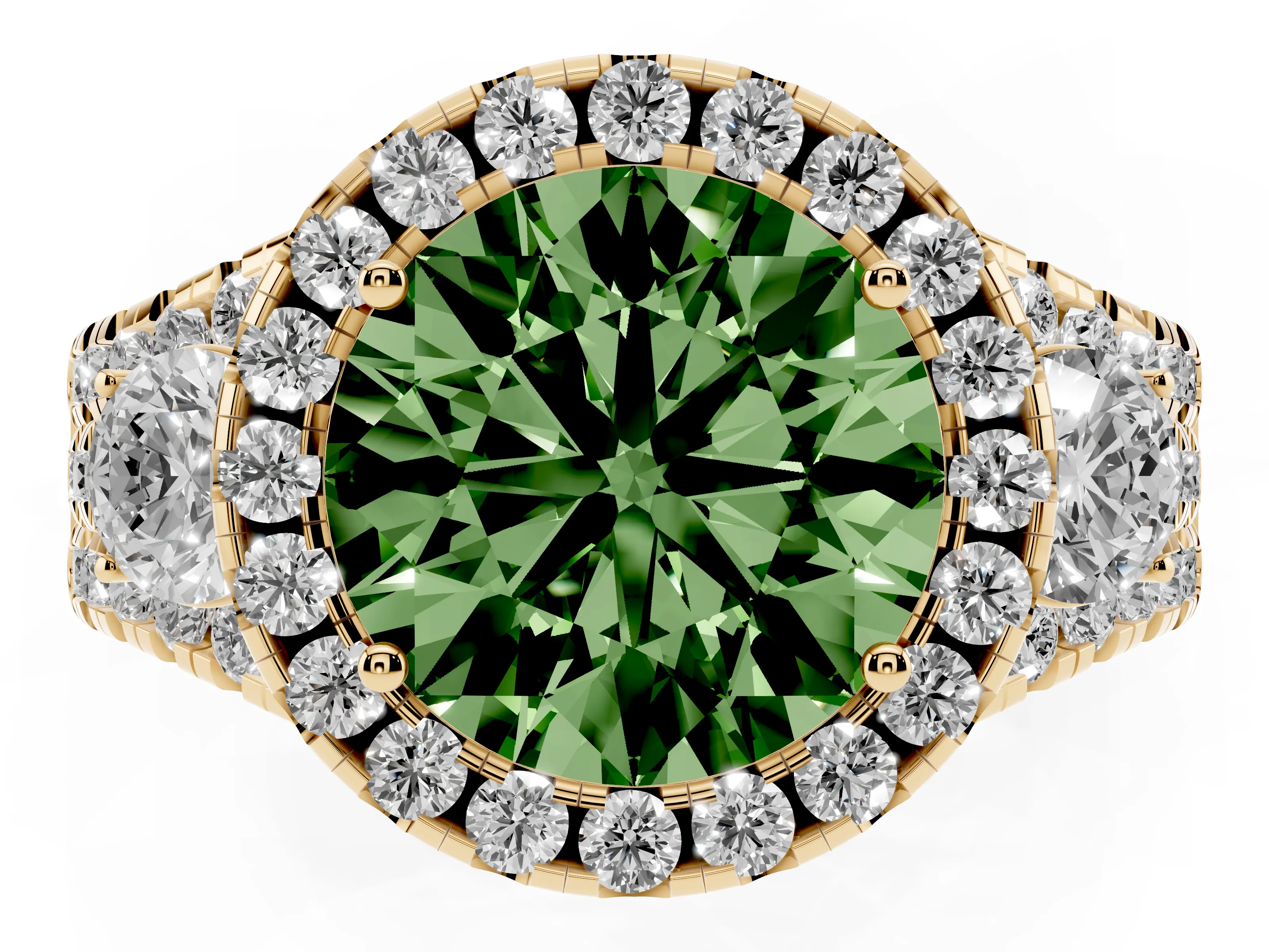 Fancy Green Round Cut Diamond Halo Split Shank Ring Set in Yellow gold with Round Accent Stones and Prong Setting