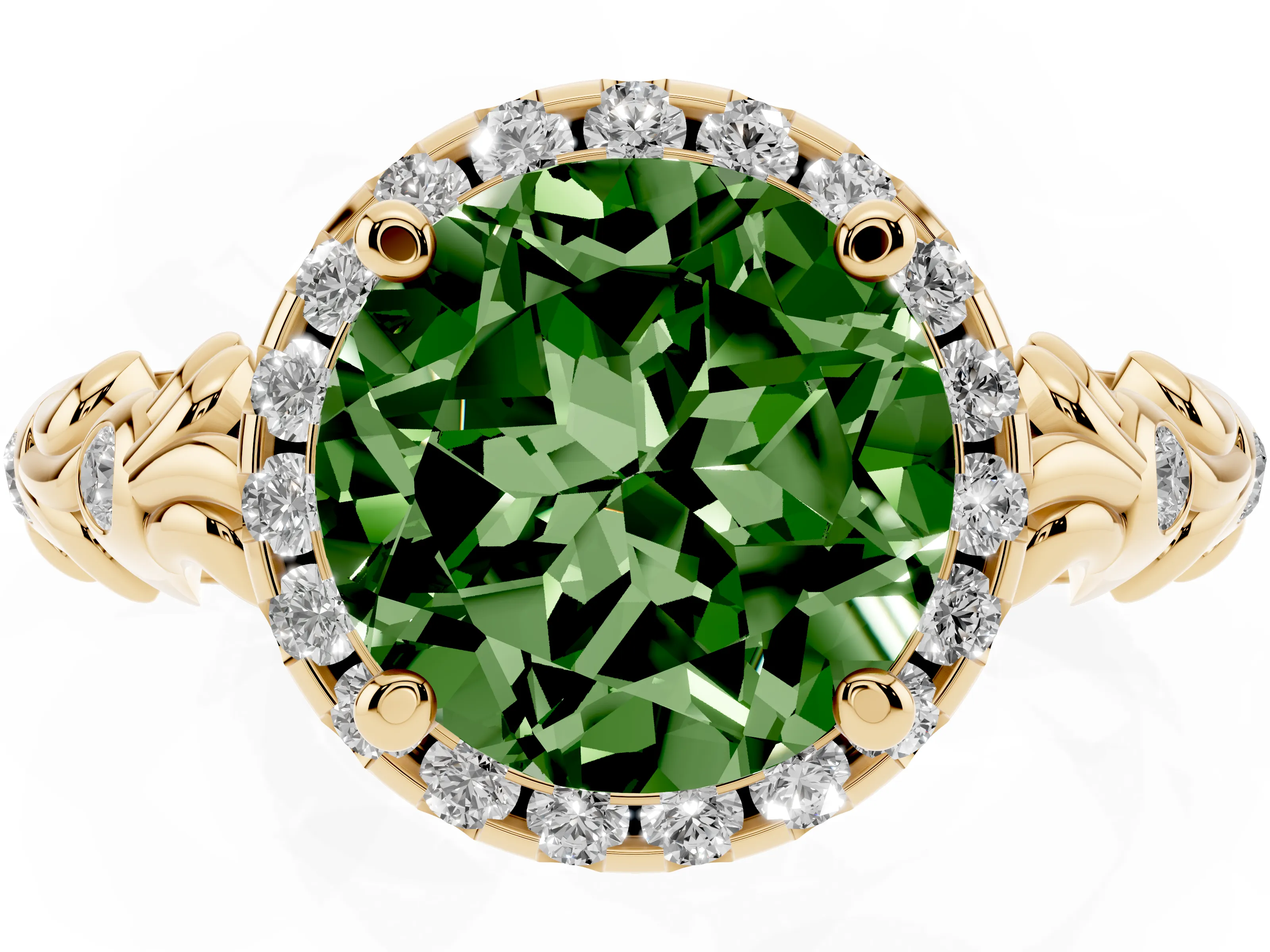 Fancy Green Round Cut Diamond Halo Ring Set in Yellow gold with Filigree Leaf Band and Prong Setting