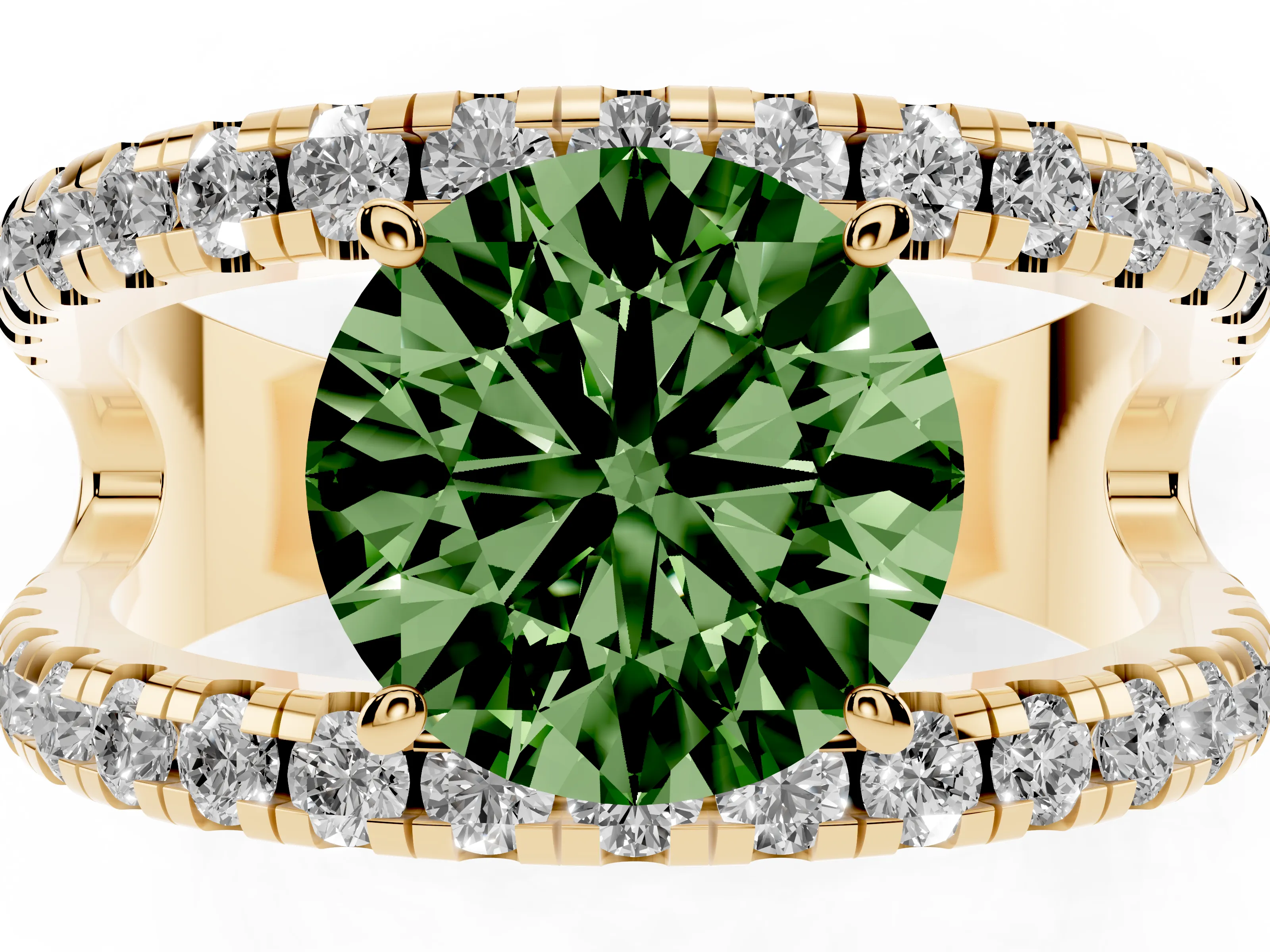 Fancy Green Round Cut Diamond Split Shank Pavé Solitaire Ring Set in Yellow gold with Open Shank Design