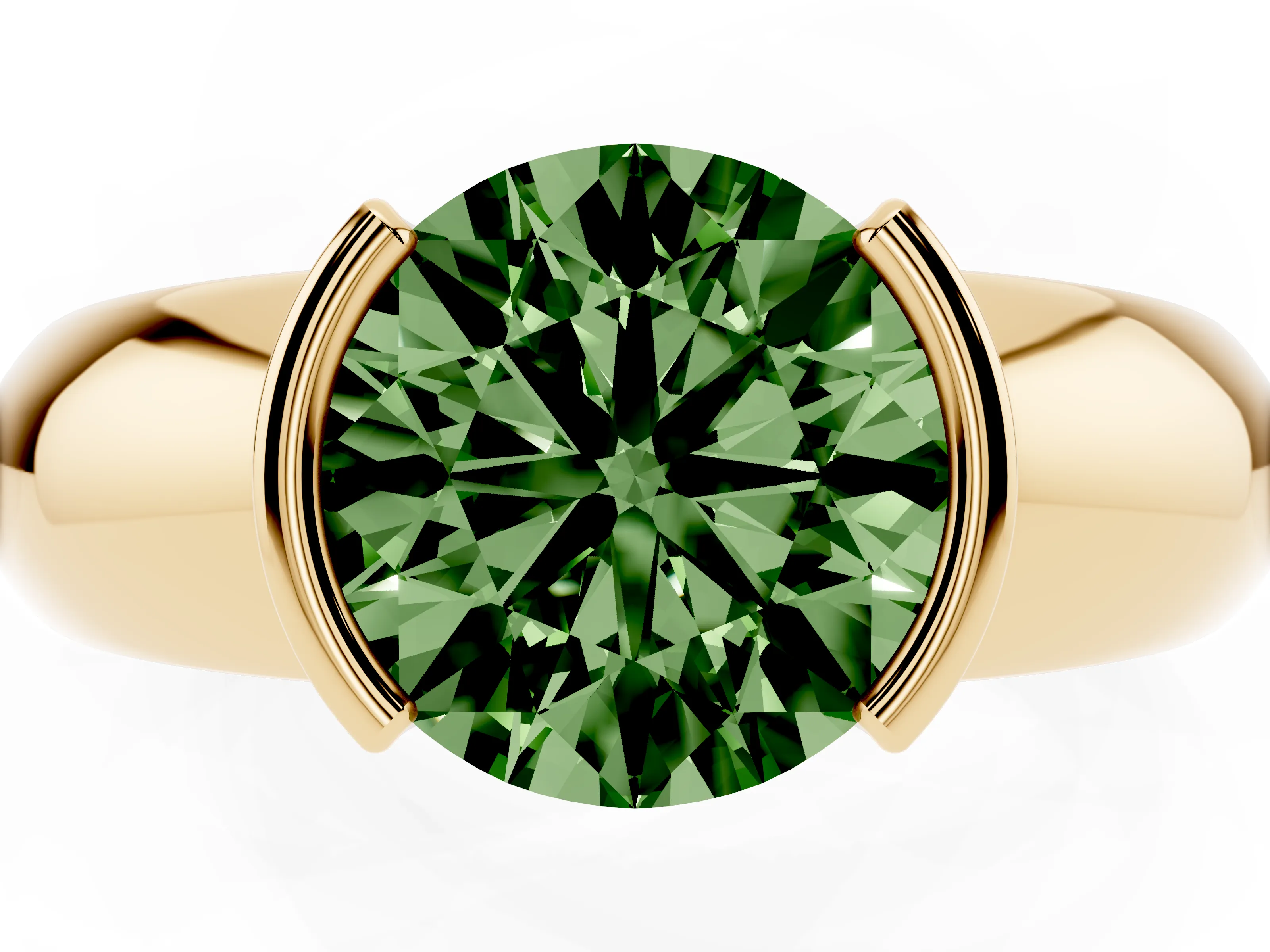 Fancy Green Round Cut Diamond Solitaire Tension Set Ring Set in Yellow gold with Wide Band