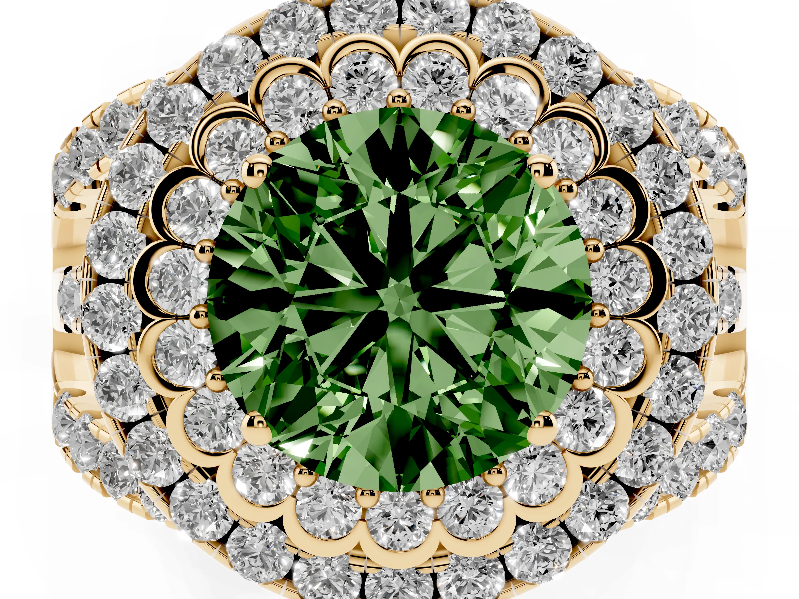 Fancy Green Round Cut Diamond Double Halo Ring Set in Yellow gold with Round Pavé Split Shank