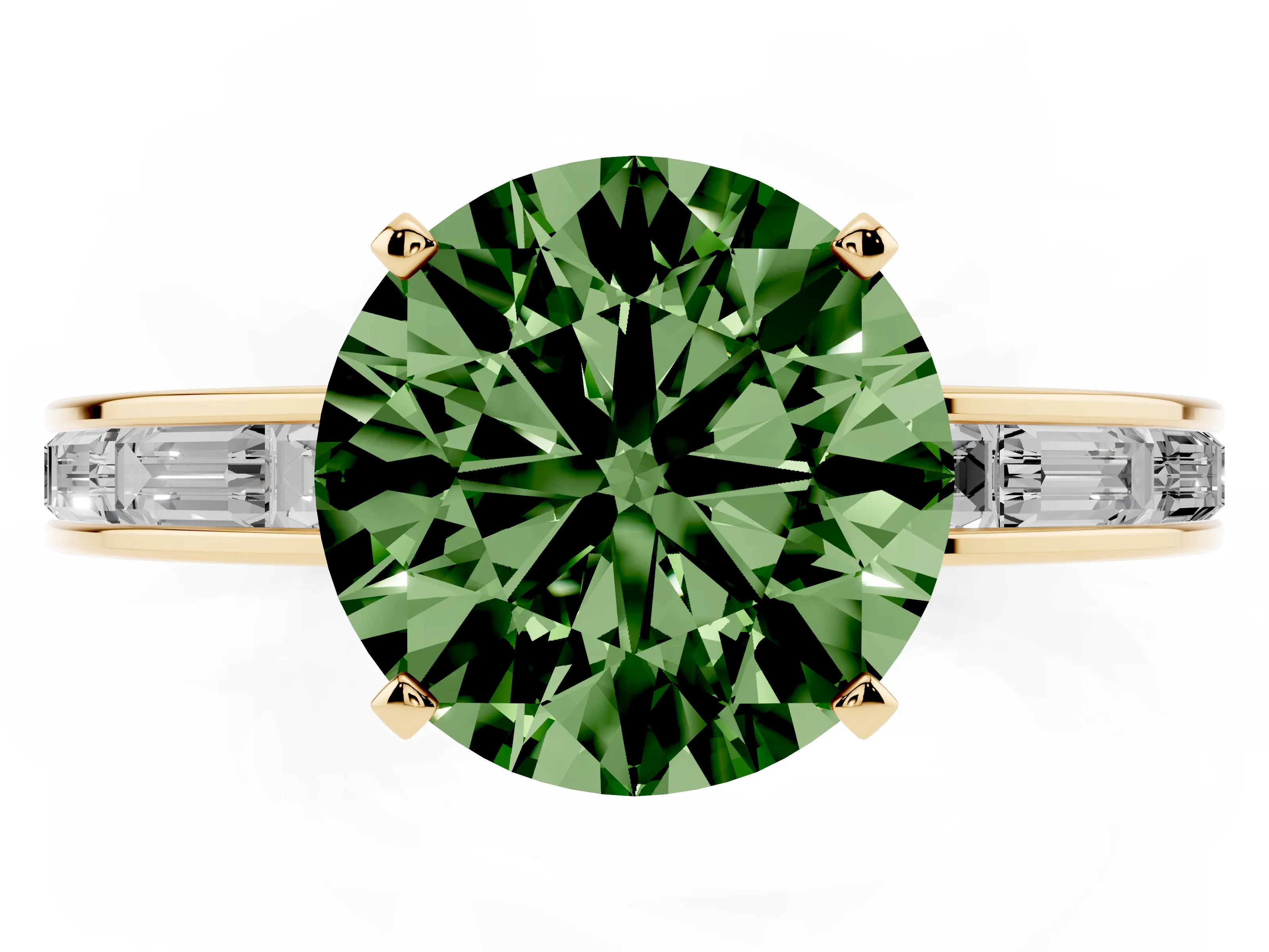 Fancy Green Round Cut Diamond Solitaire Ring Set in Yellow gold with Channel-Set Baguette Band and Prong Setting