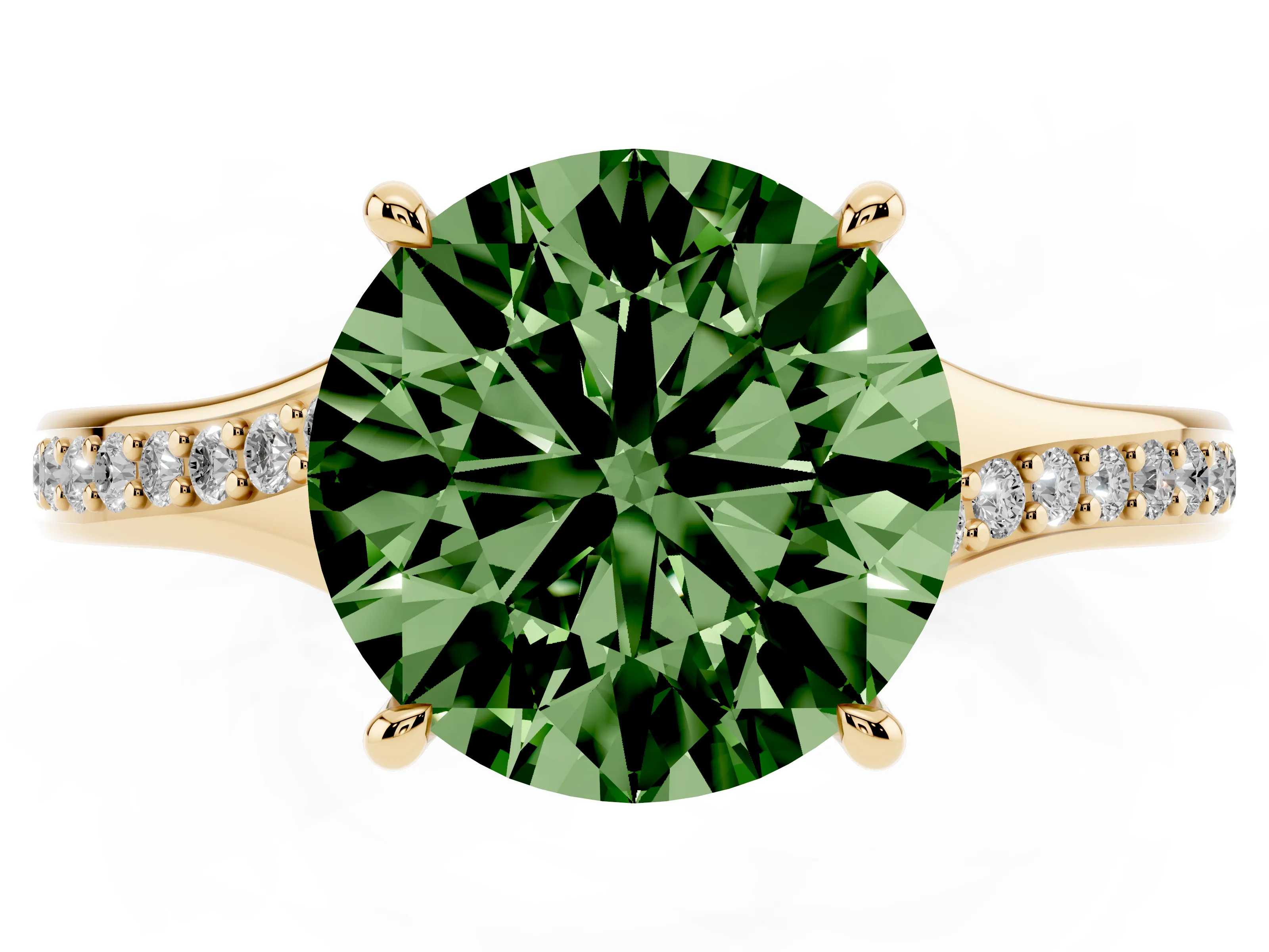 Fancy Green Round Cut Diamond Solitaire Ring Set in Yellow gold with Pavé Accent Band and Classic Prong Setting