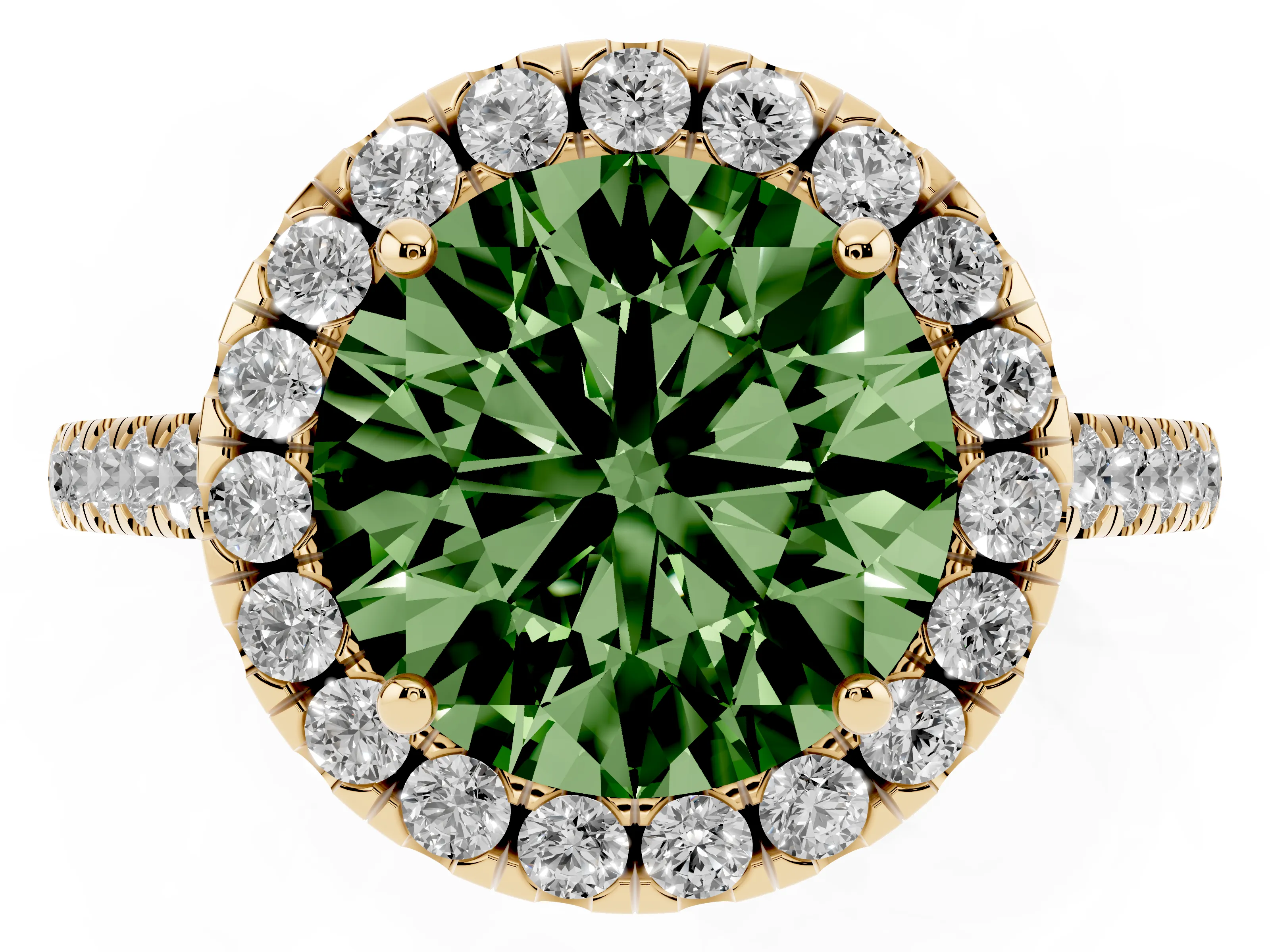 Fancy Green Round Cut Diamond Pavé Halo Engagement Ring Set in Yellow gold with Pavé Band and Prong Setting