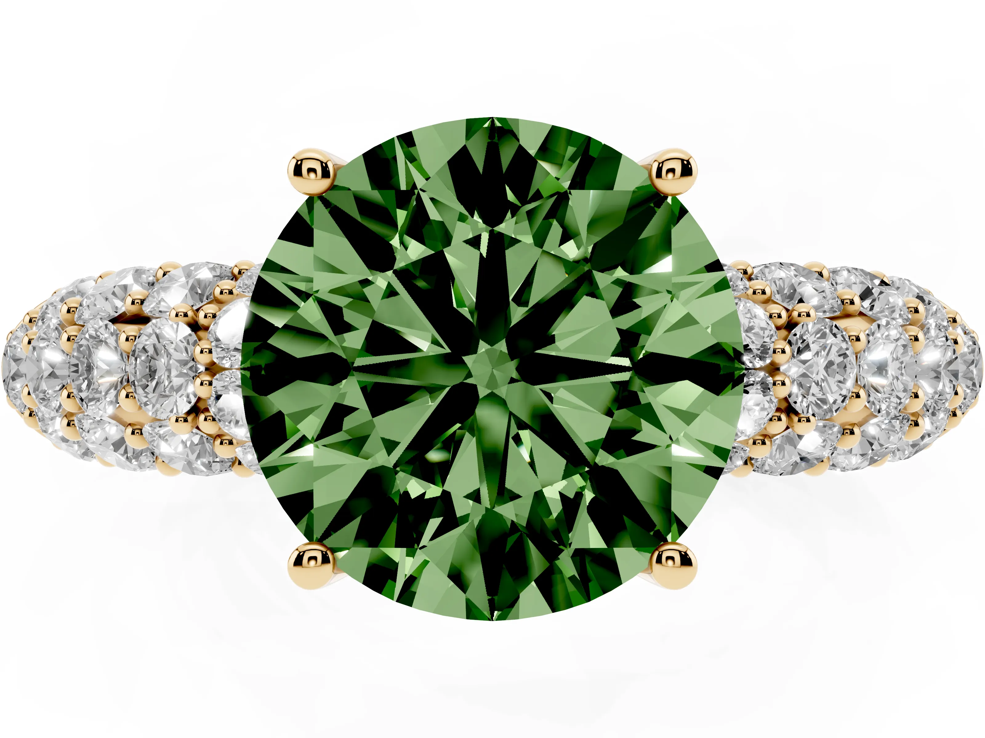 Fancy Green Round Cut Diamond Pavé Band Solitaire Ring Set in Yellow gold with Close-Set Accent Stones and Prong Setting