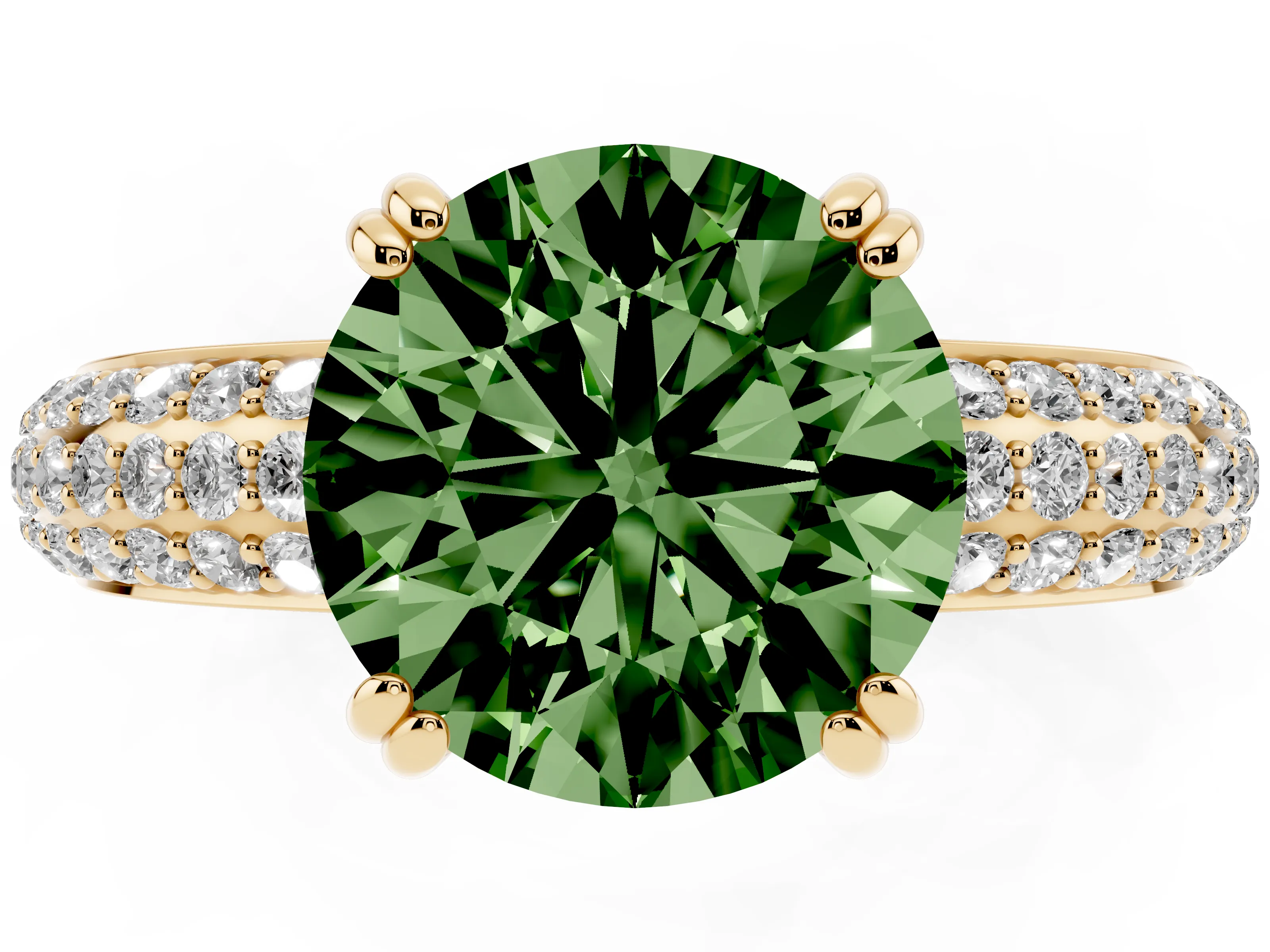Fancy Green Round Cut Diamond Solitaire Ring Set in Yellow gold with Multi-Row Round Pavé Band and Prong Setting
