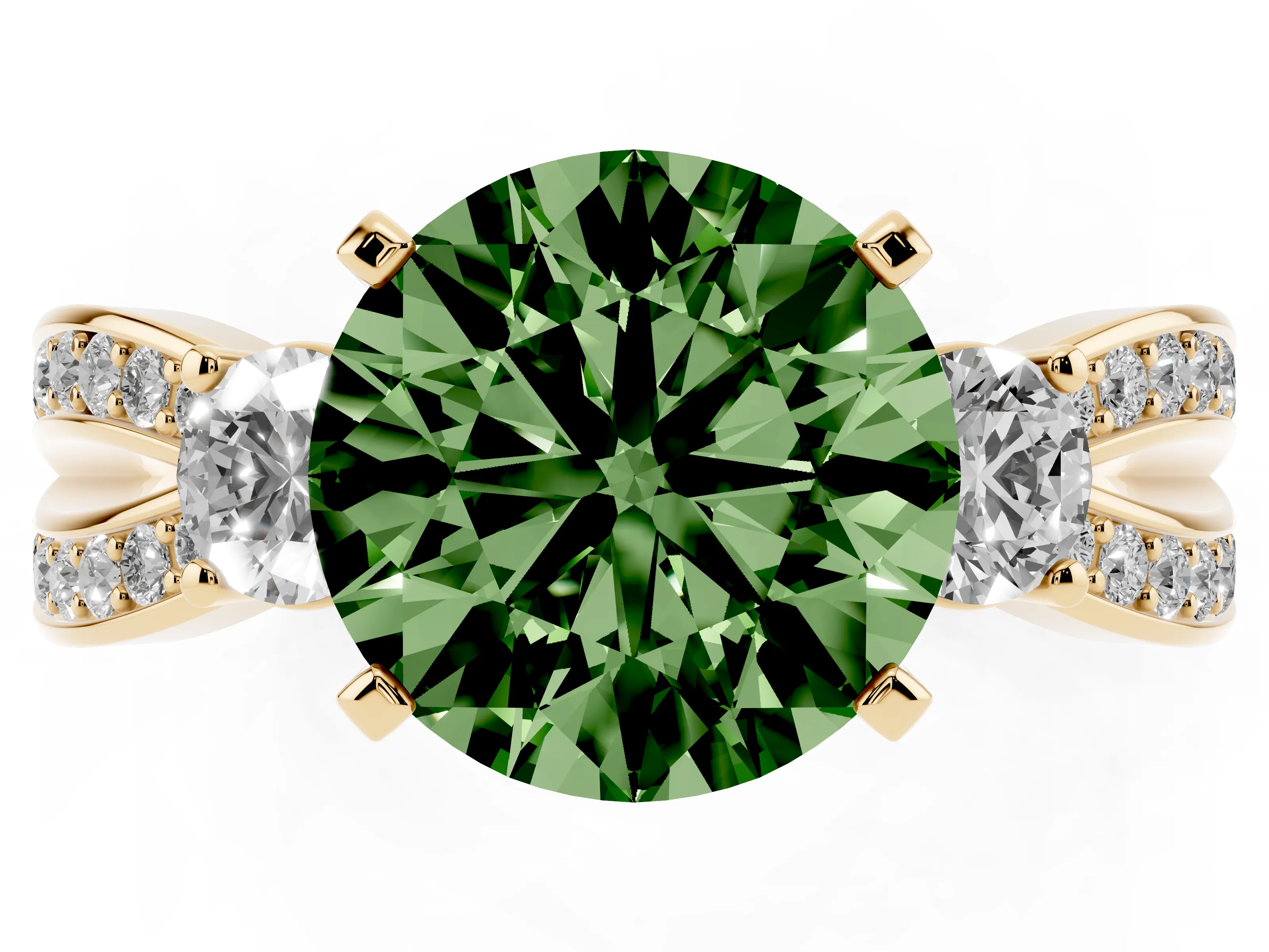 Fancy Green Three-Stone Round Cut Diamond Twist Band Ring Set in Yellow gold with Pavé Accents and Prong Setting