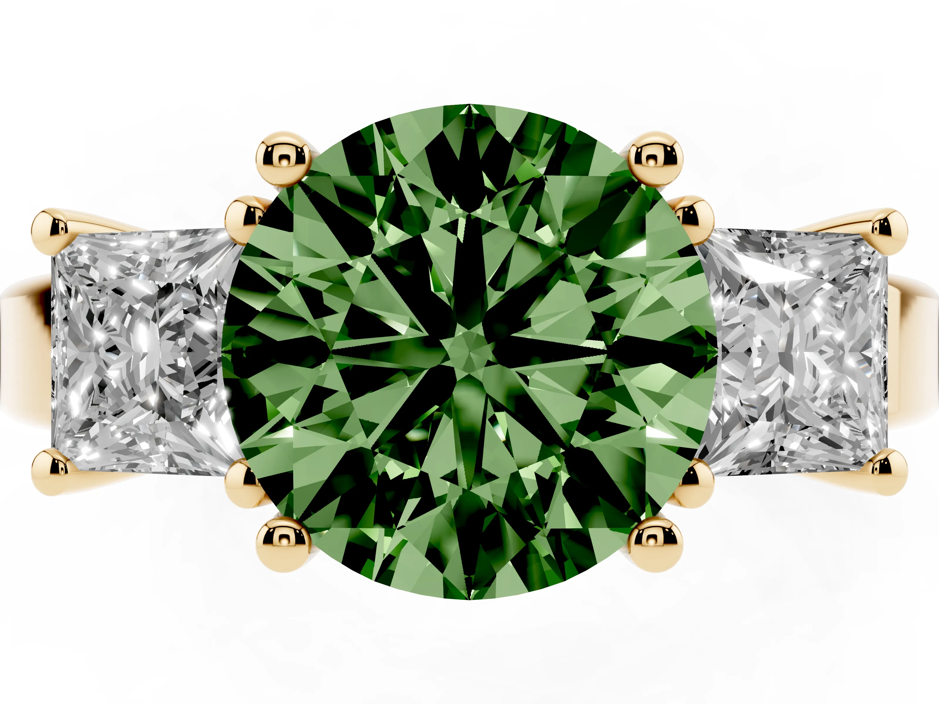 Fancy Green Three-Stone Round Cut Diamond Solitaire Ring Set in Yellow gold with Prong Setting