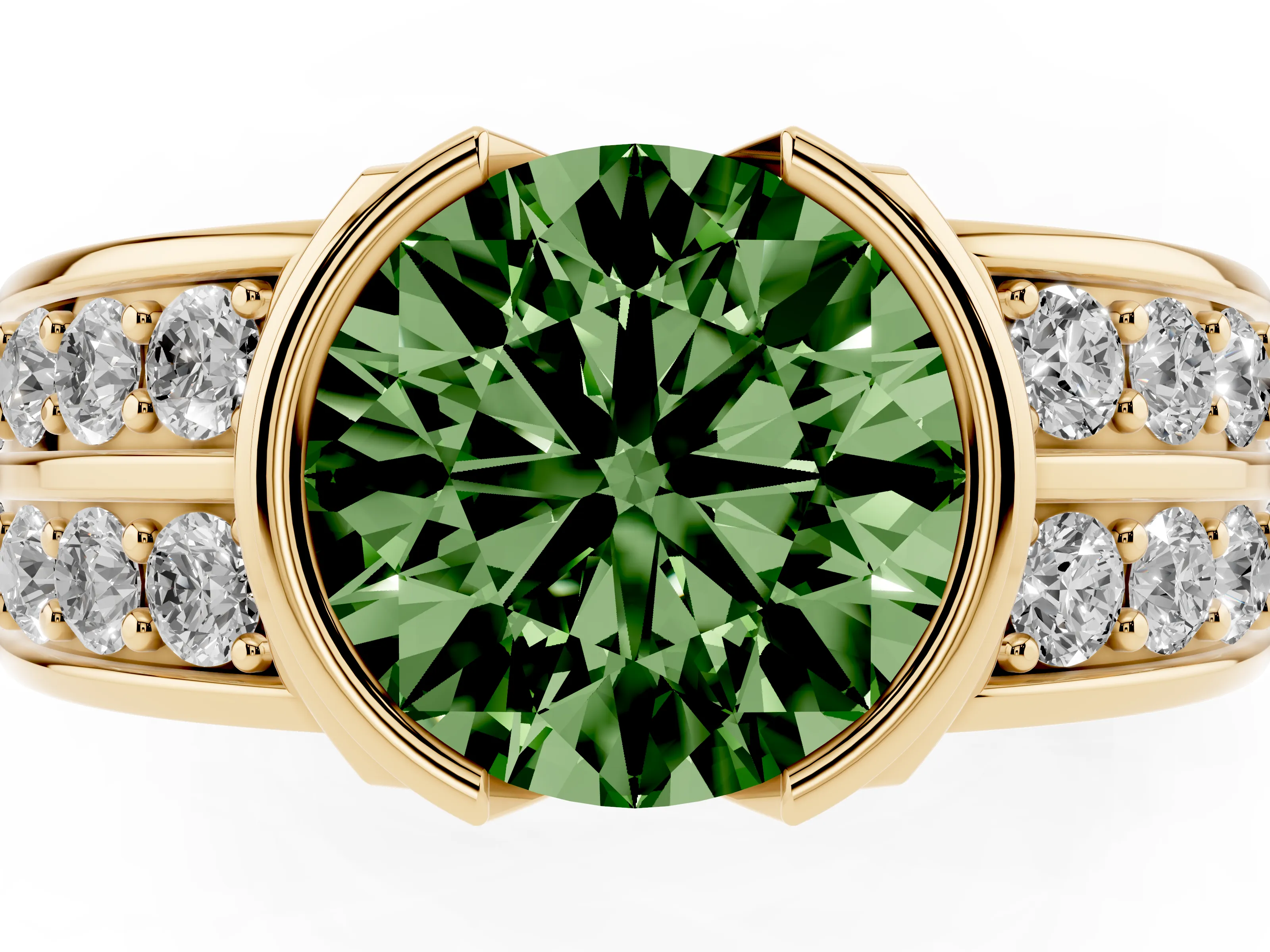 Fancy Green Round Cut Diamond Wide Channel Set Band Ring Set in Yellow gold with Bezel Setting