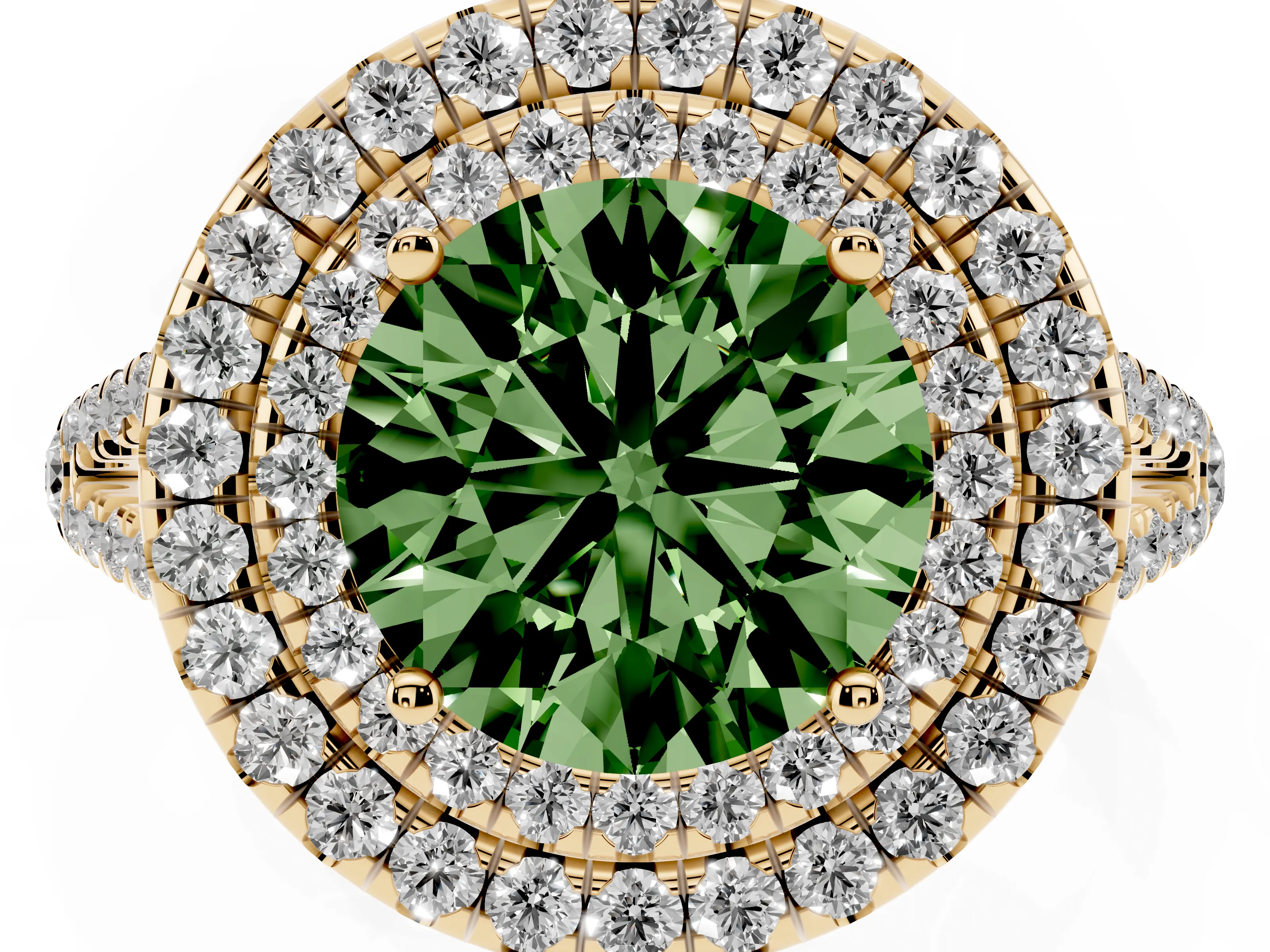 Fancy Green Round Cut Diamond Double Halo Ring Set in Yellow gold with Pavé Band