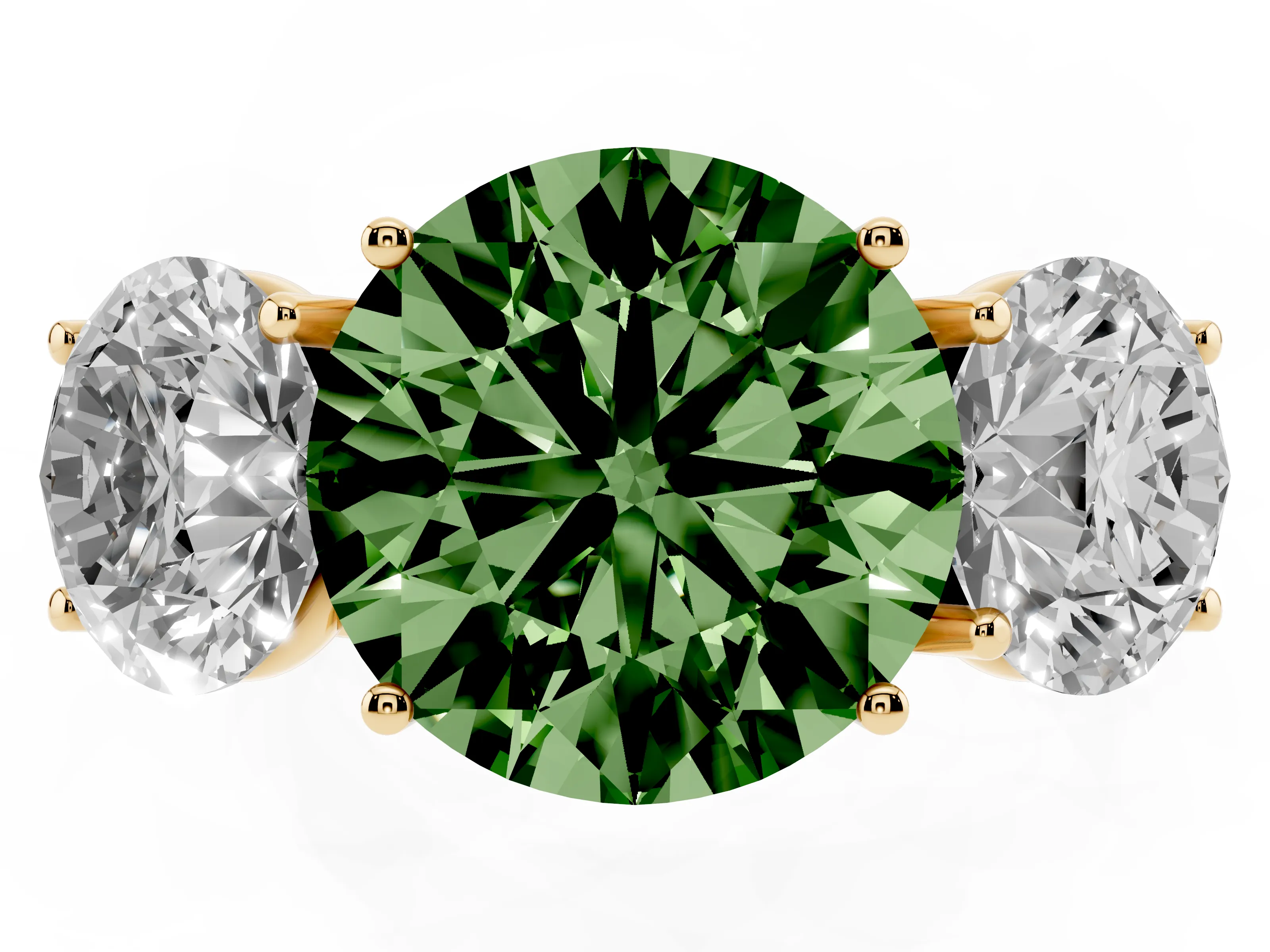 Fancy Green Round Cut Diamond Three-Stone Ring Set in Yellow gold with Braided Band