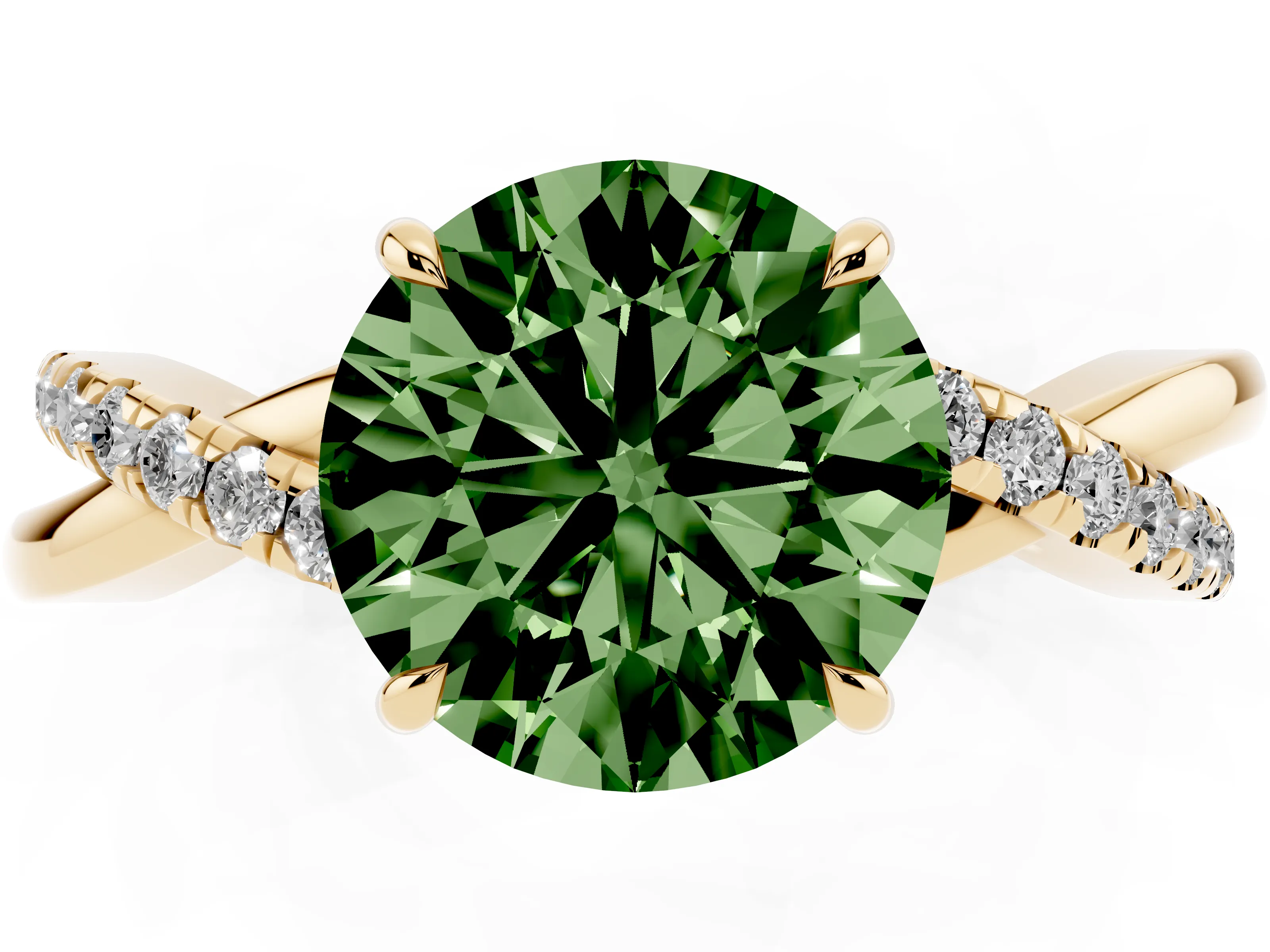 Fancy Green Round Cut Diamond Twisted Pavé Band Ring Set in Yellow gold with Prong Setting