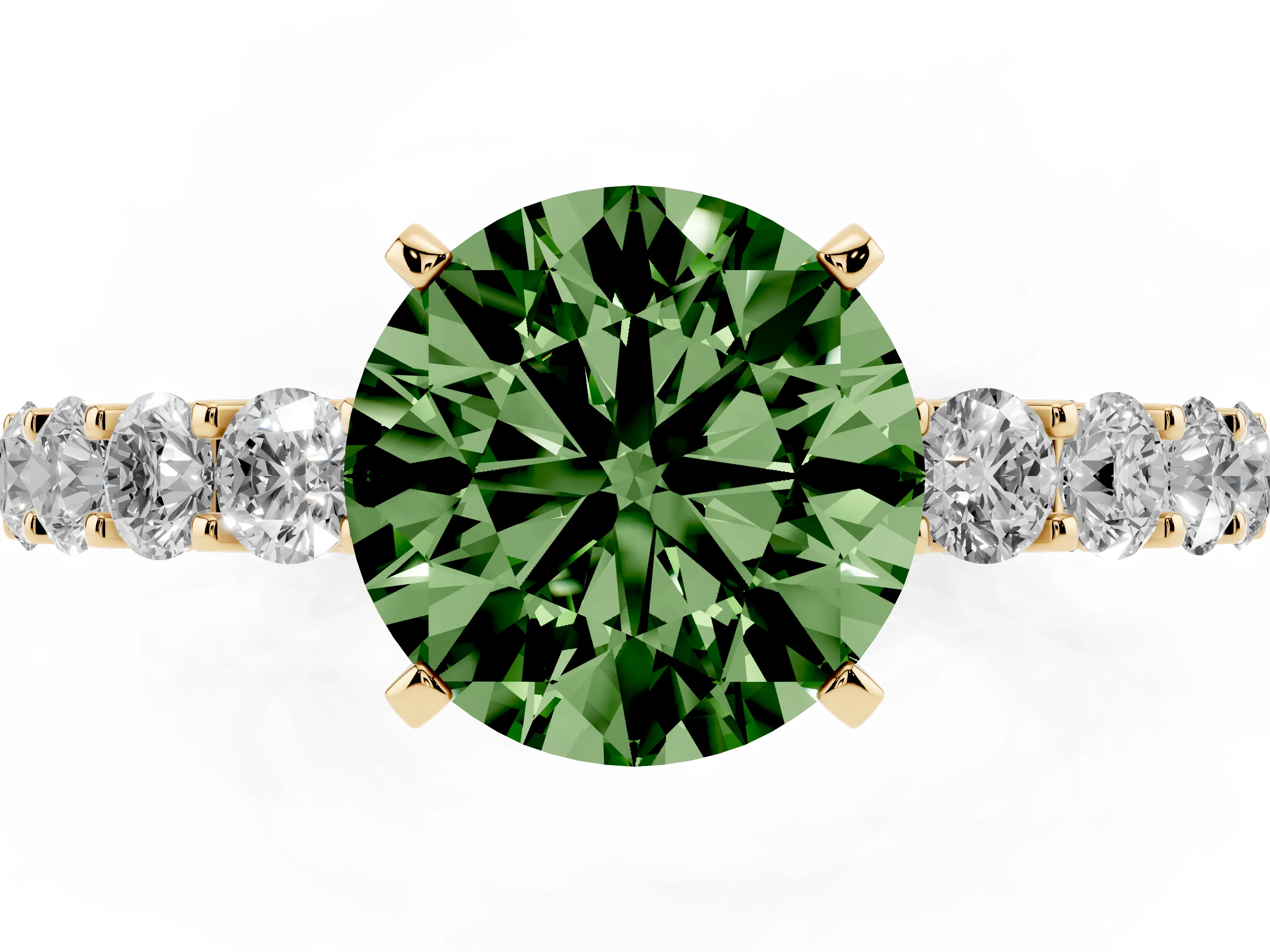 Fancy Green Round Cut Diamond Solitaire Ring Set in Yellow gold with Shared Prong Pavé Band