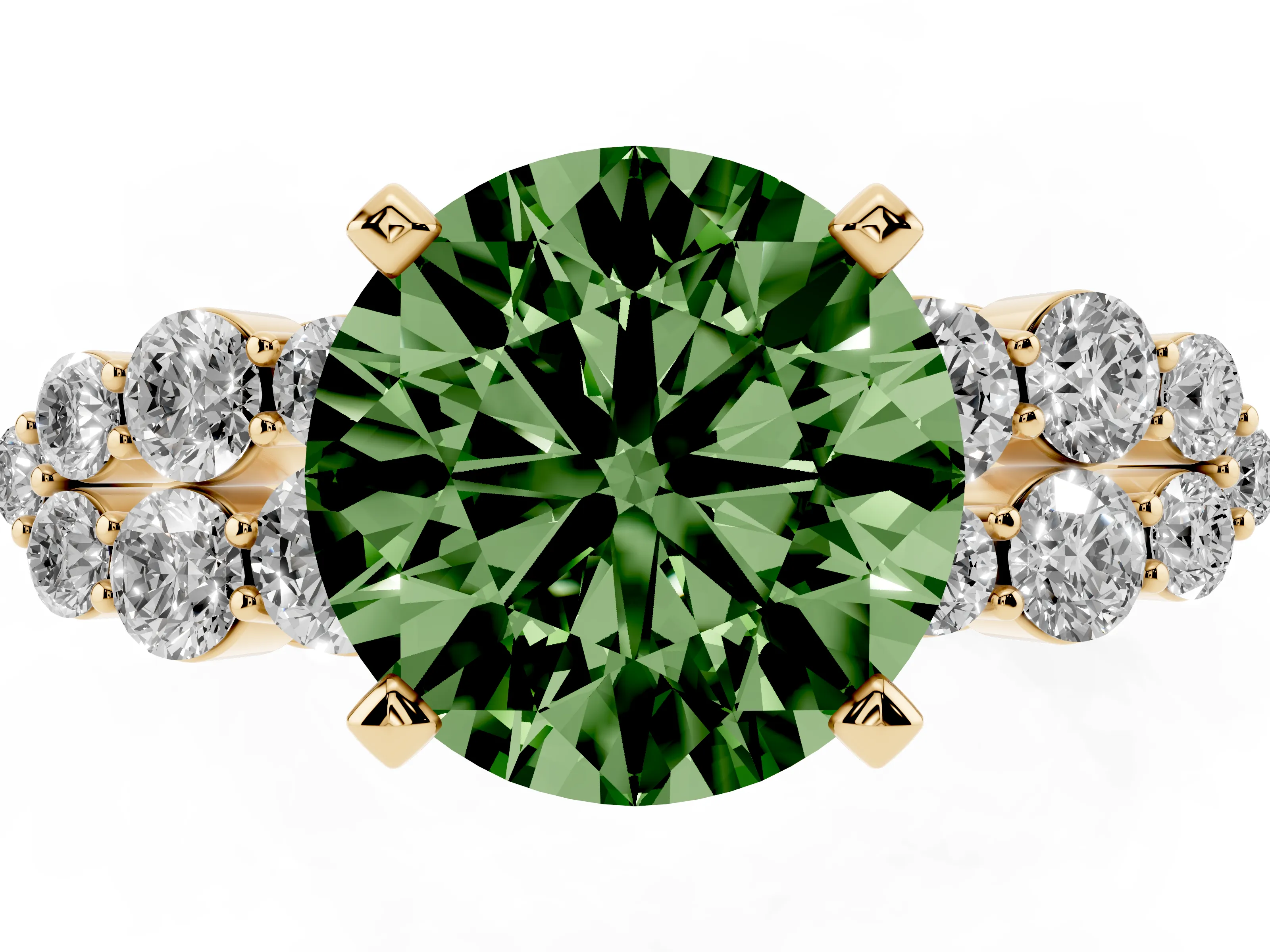 Fancy Green Round Cut Diamond Cluster Engagement Ring Set in Yellow gold with Pavé Band and Prong Setting