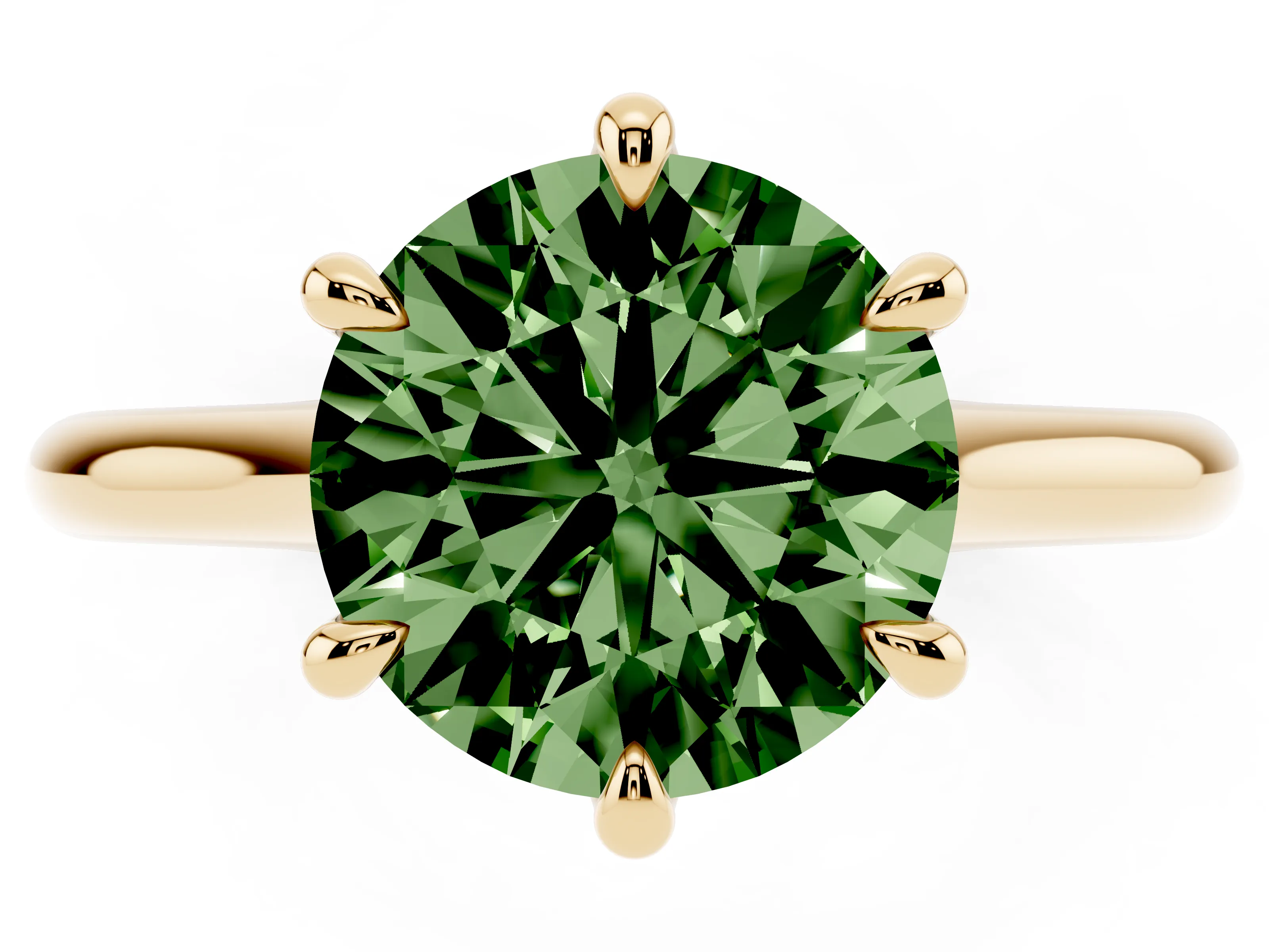 Fancy Green Round Cut Diamond Solitaire Engagement Ring Set in Yellow gold with Prong Setting and Plain Classic Band