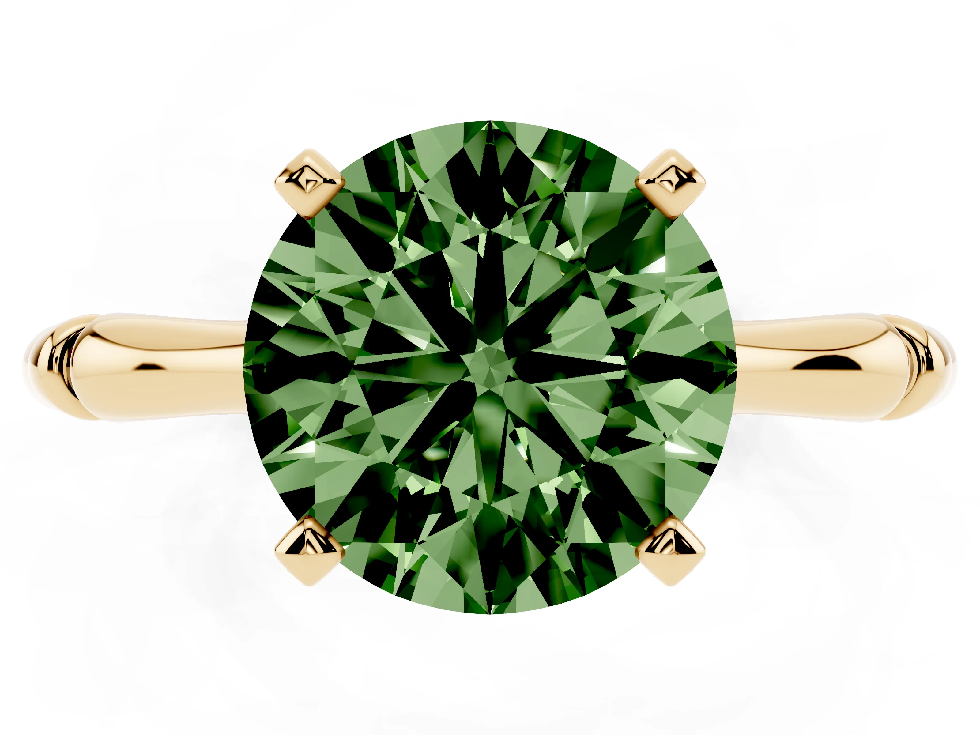 Fancy Green Round Cut Diamond Solitaire Ring Set in Yellow gold with Bamboo Band and Prong Setting