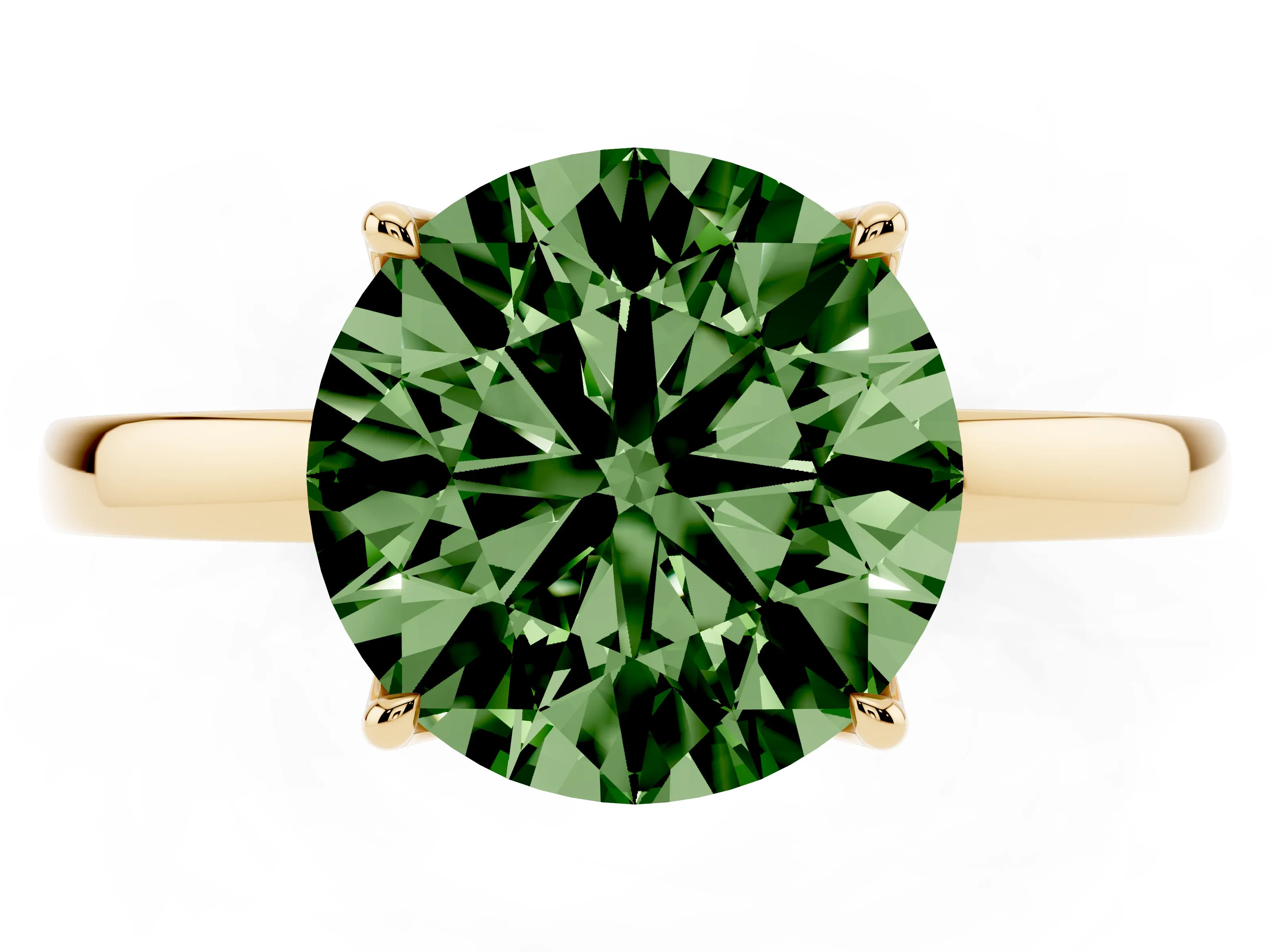 Fancy Green Round Cut Diamond Solitaire Ring Set in Yellow gold with Prong Setting and Thin Polished Band