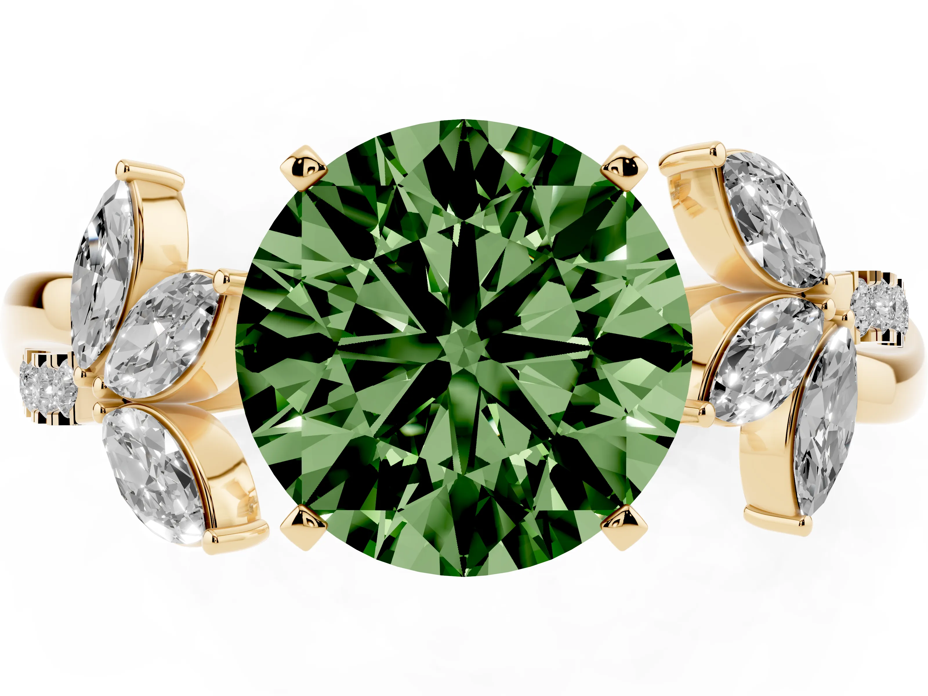 Fancy Green Round Cut Diamond Floral Vine Solitaire Engagement Ring Set in Yellow gold with Marquise Leaves