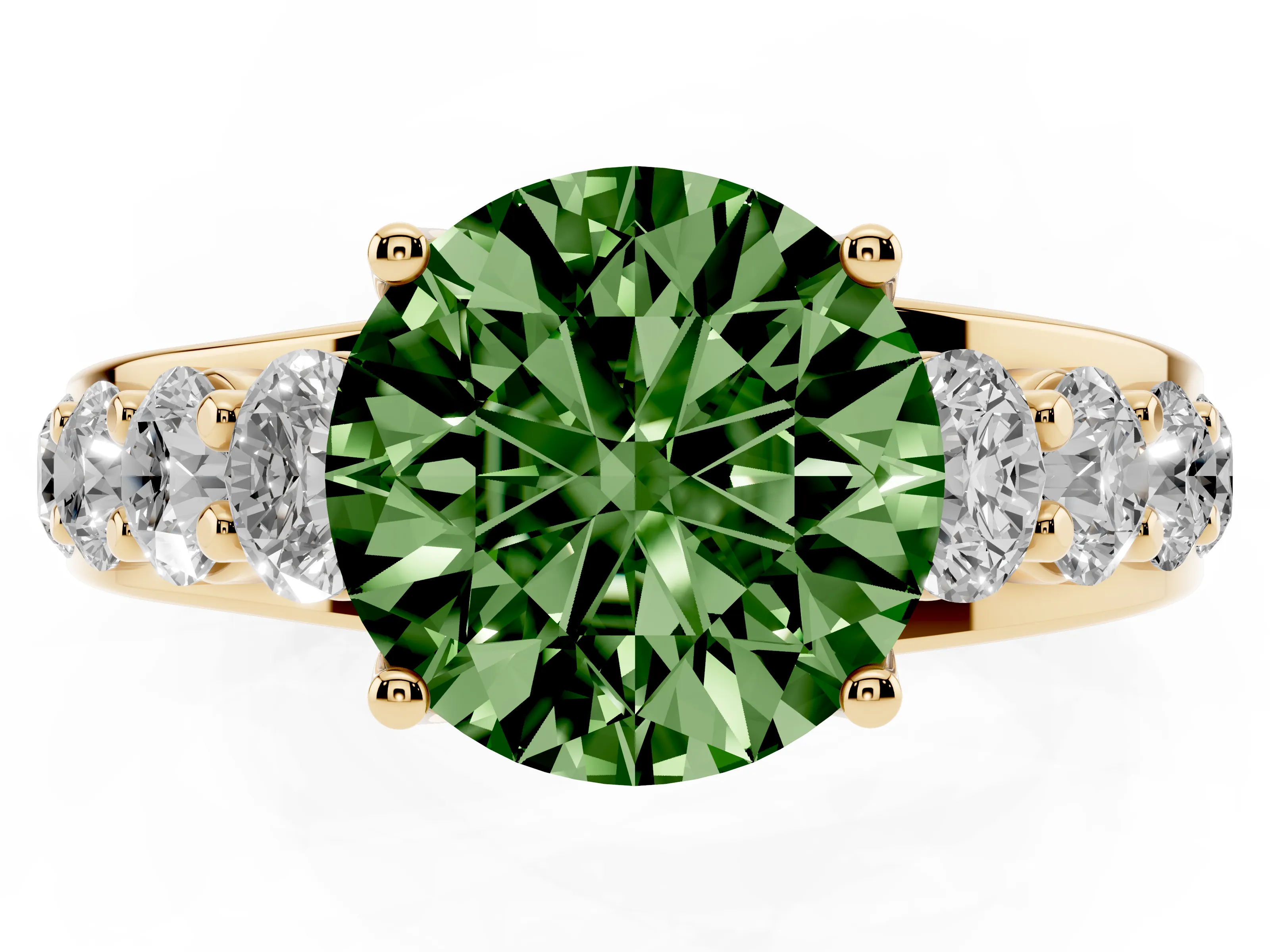 Fancy Green Round Cut Diamond Pavé Engagement Ring Set in Yellow gold with Prong Setting