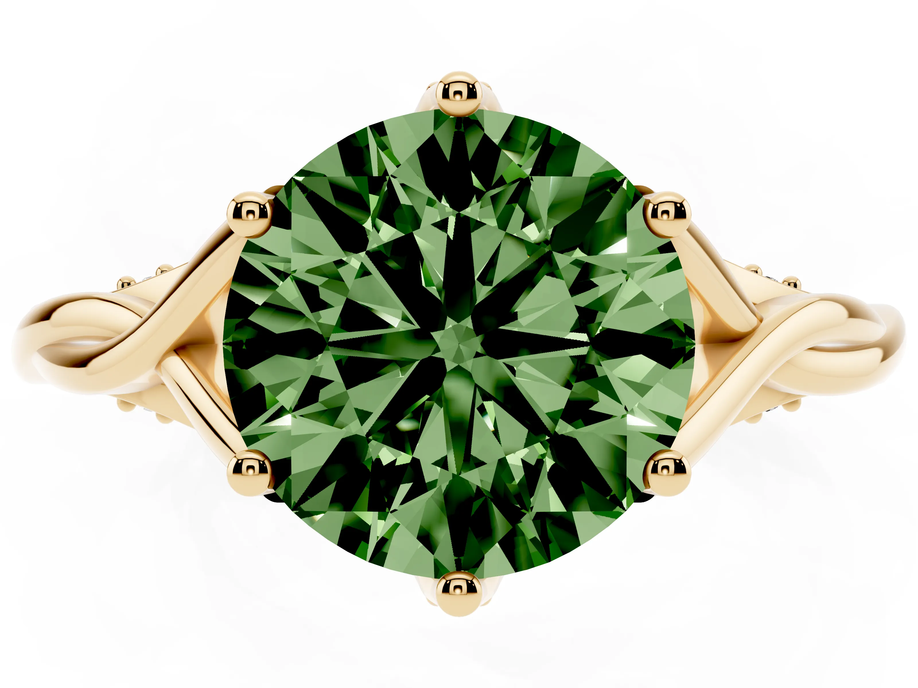 Fancy Green Round Cut Diamond Intertwined Twist Band Solitaire Ring Set in Yellow gold with Prong Setting
