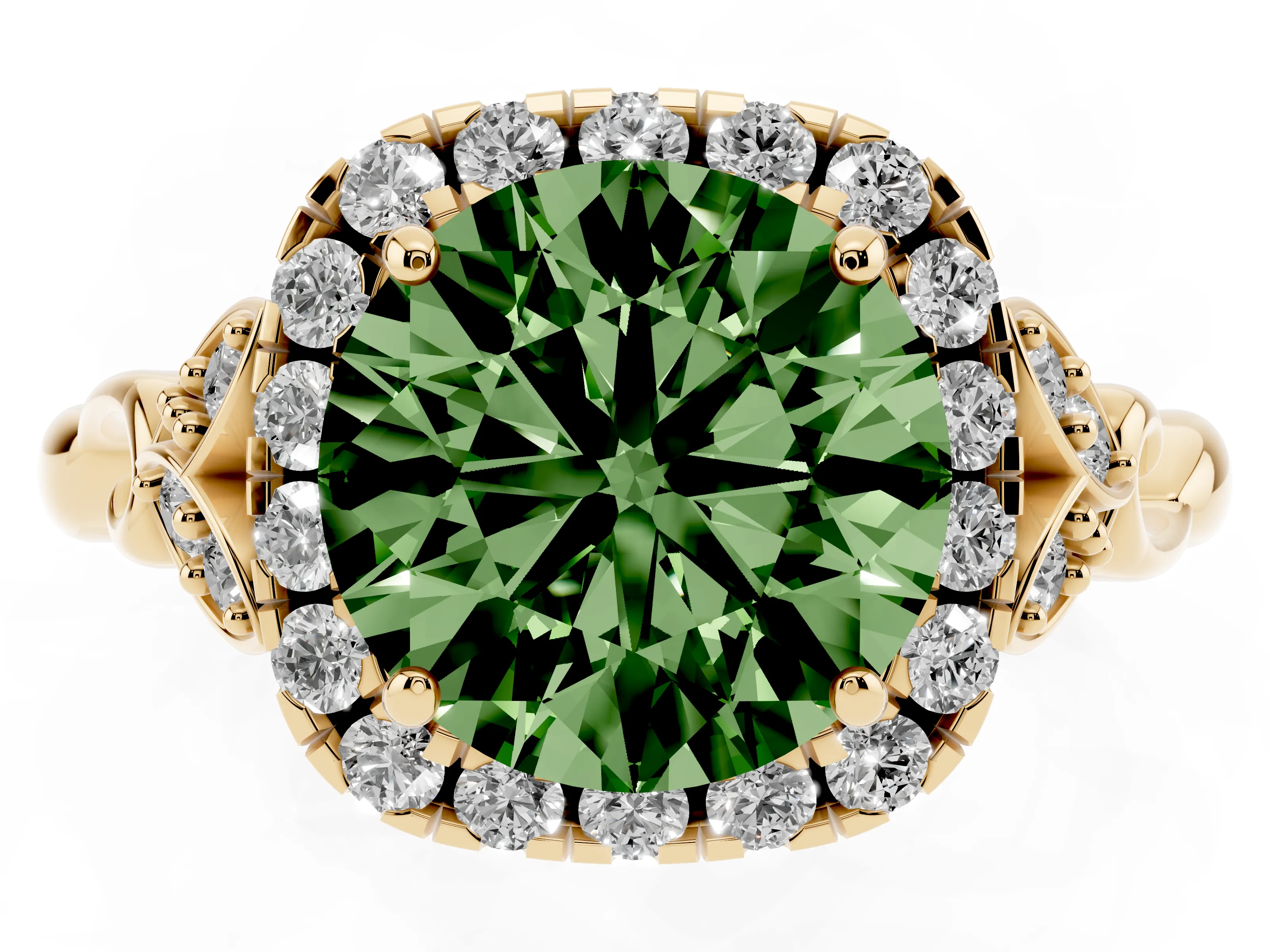 Fancy Green Round Cut Diamond Halo Engagement Ring Set in Yellow gold with Vintage-Inspired Band and Prong Setting