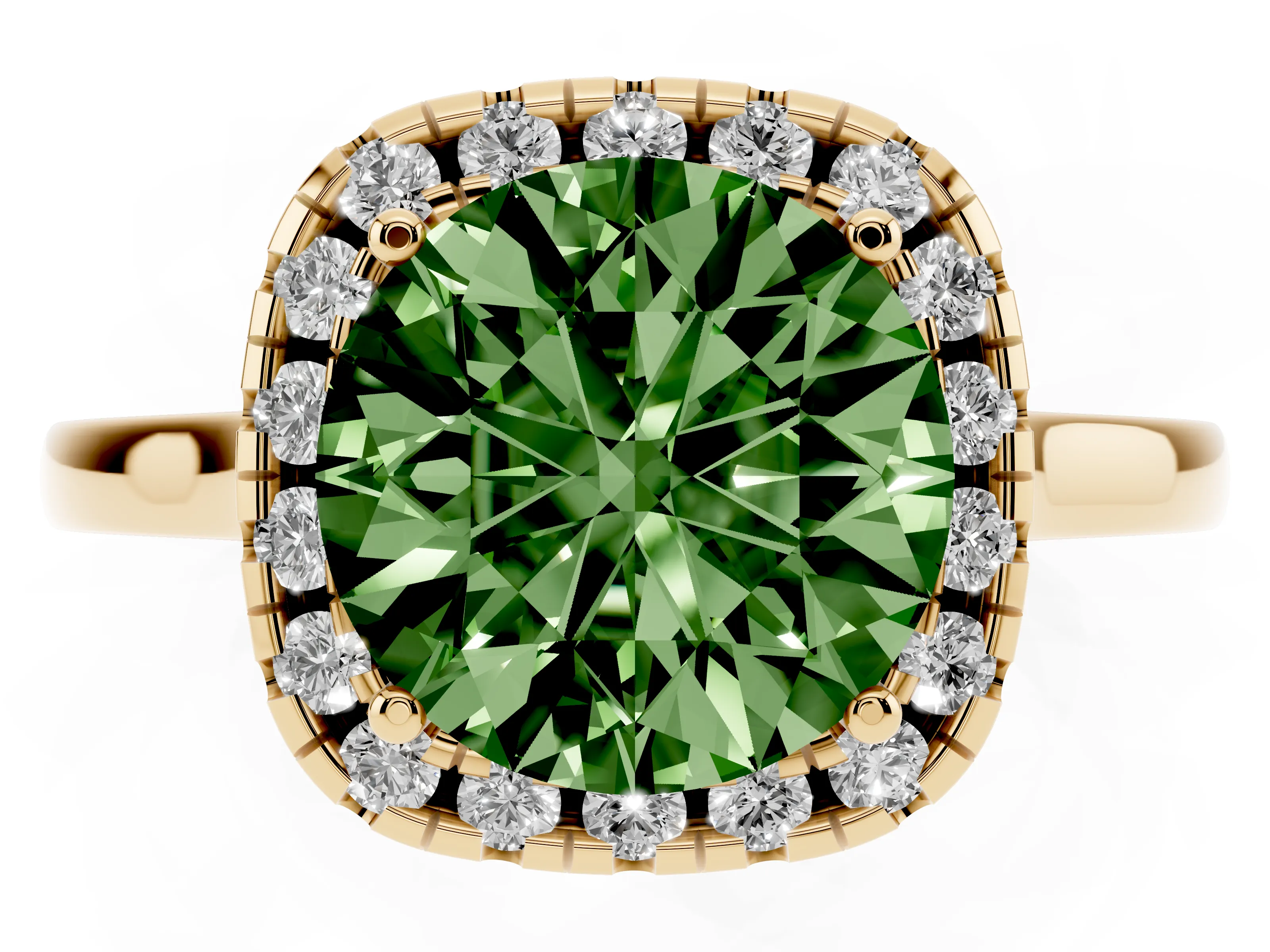 Fancy Green Round Cut Halo Round Diamond Solitaire Ring Set in Yellow gold with Pavé Band and Prong Setting