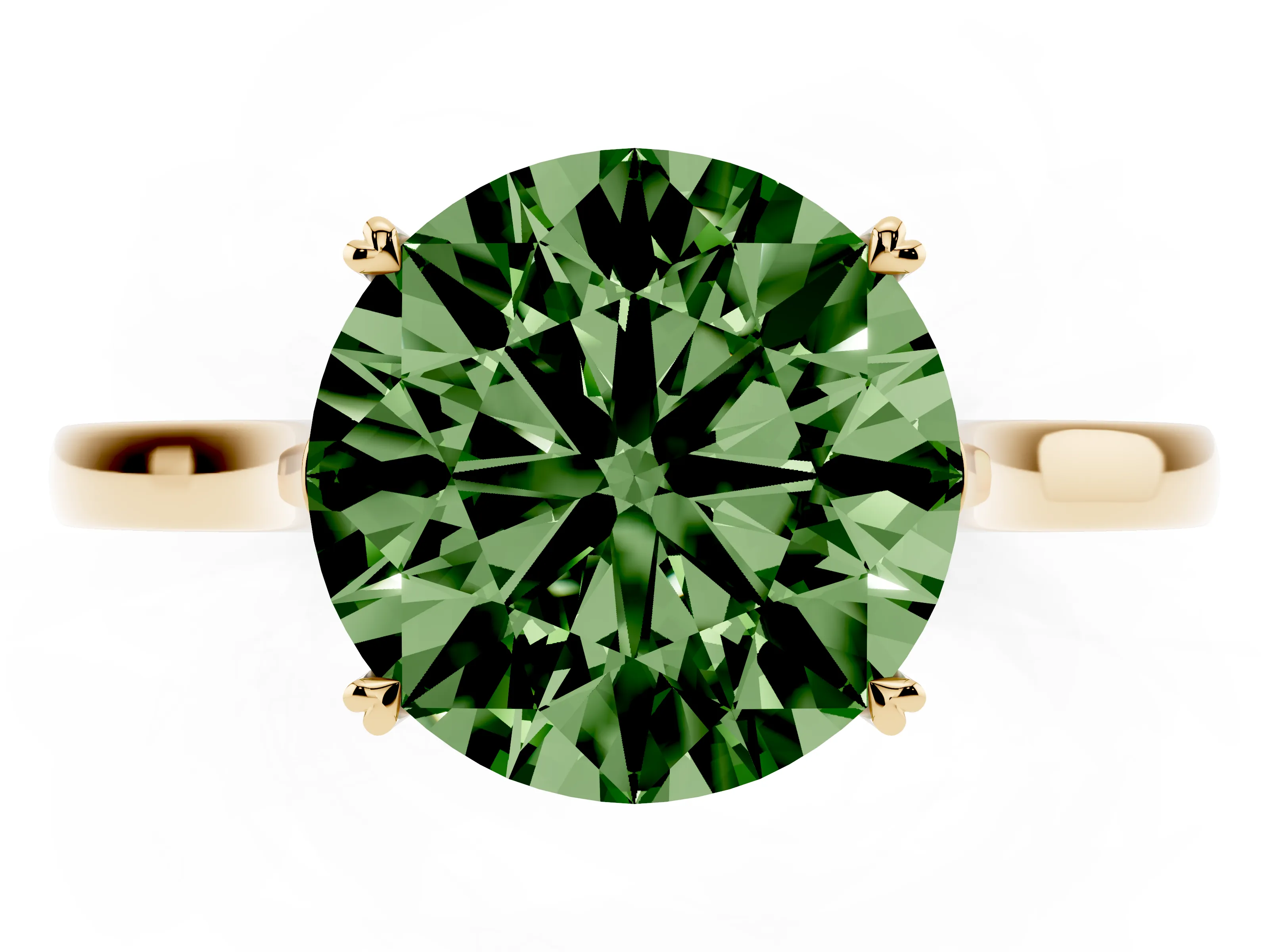 Fancy Green Round Cut Diamond Solitaire Heart Prong Engagement Ring Set in Yellow gold with Tapered Band