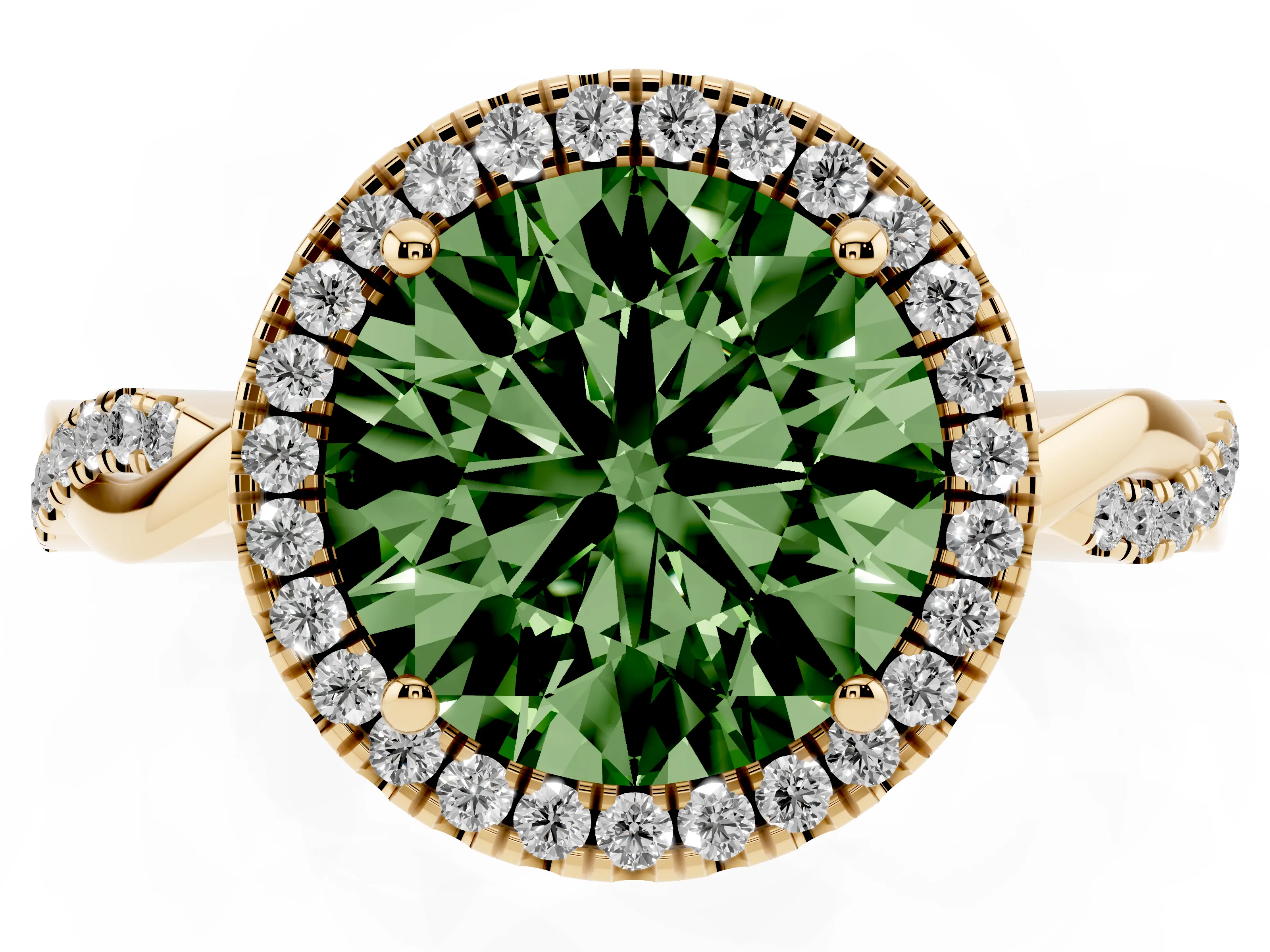 Fancy Green Round Cut Diamond Halo Twisted Band Ring Set in Yellow gold with Prong Setting
