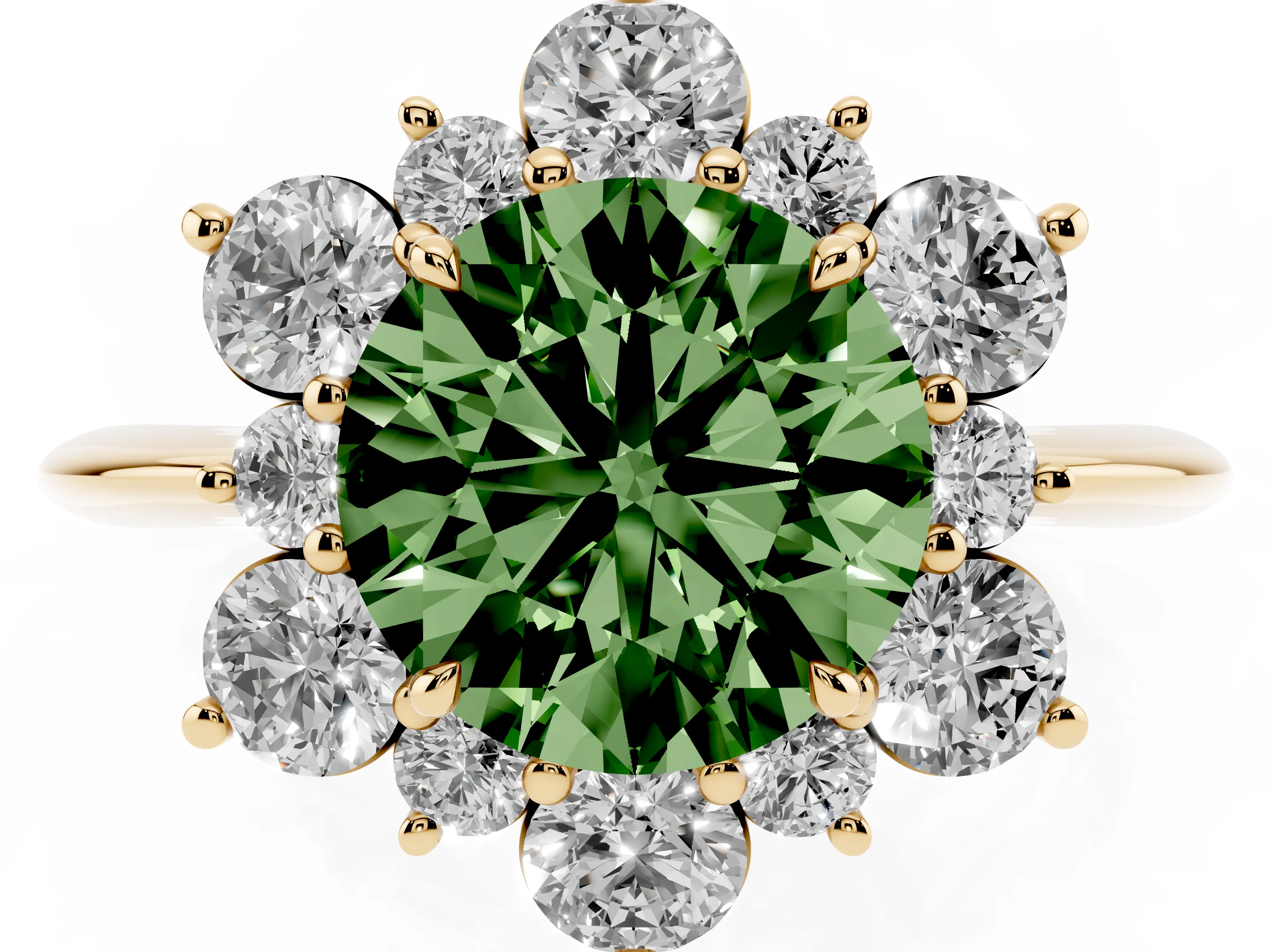 Fancy Green Round Cut Diamond Cluster Halo Ring Set in Yellow gold with Solitaire Band and Prong Setting