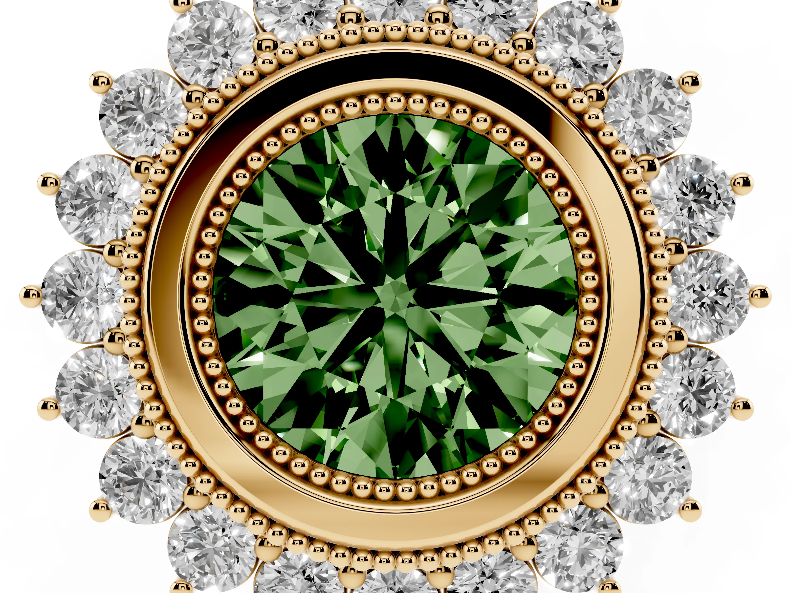 Fancy Green Round Cut Diamond Halo Ring Set in Yellow gold with Milgrain Edge and Round Prong Setting