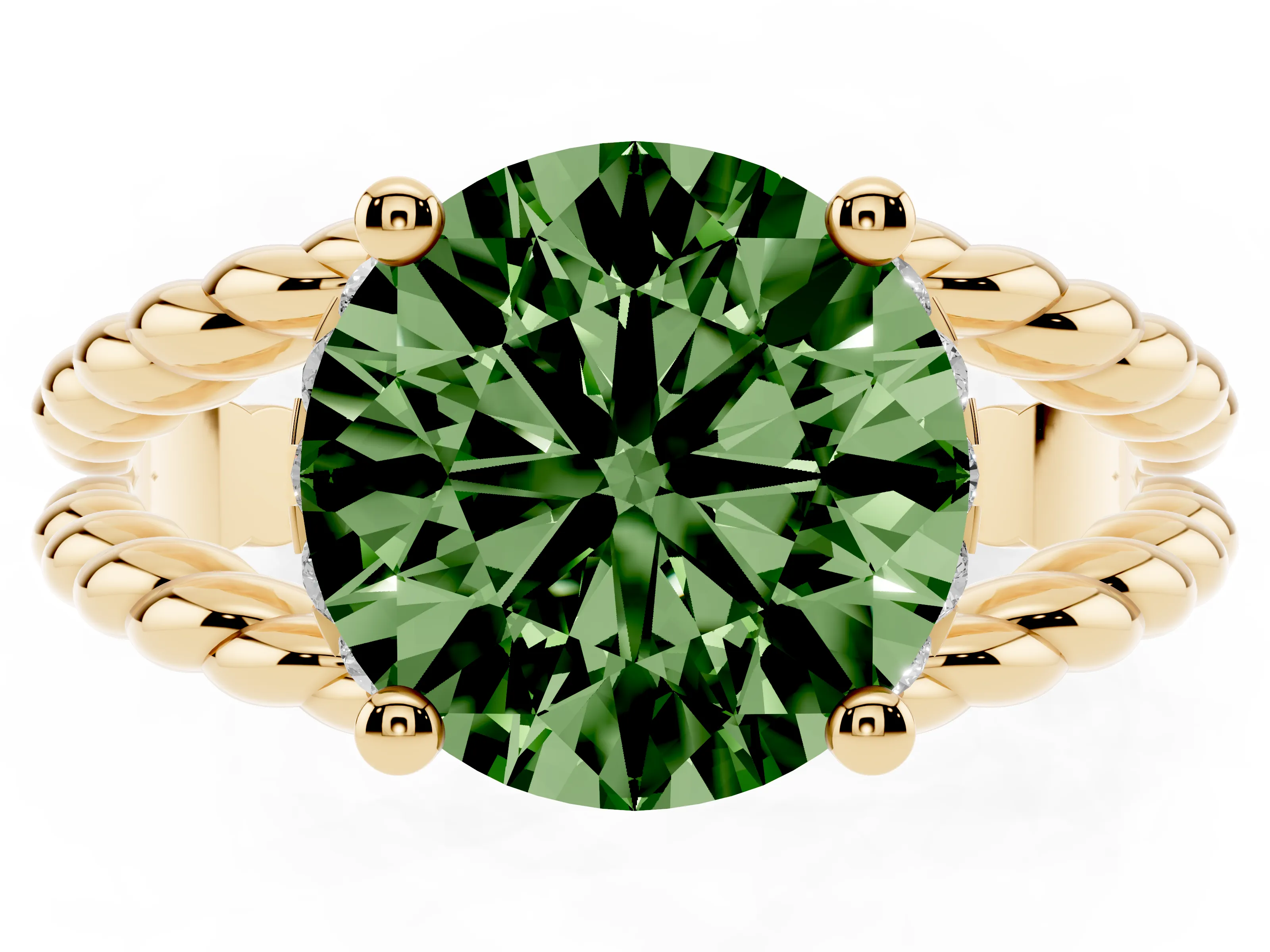 Fancy Green Round Cut Diamond Halo Ring Set in Yellow gold with Twisted Band and Prong Setting