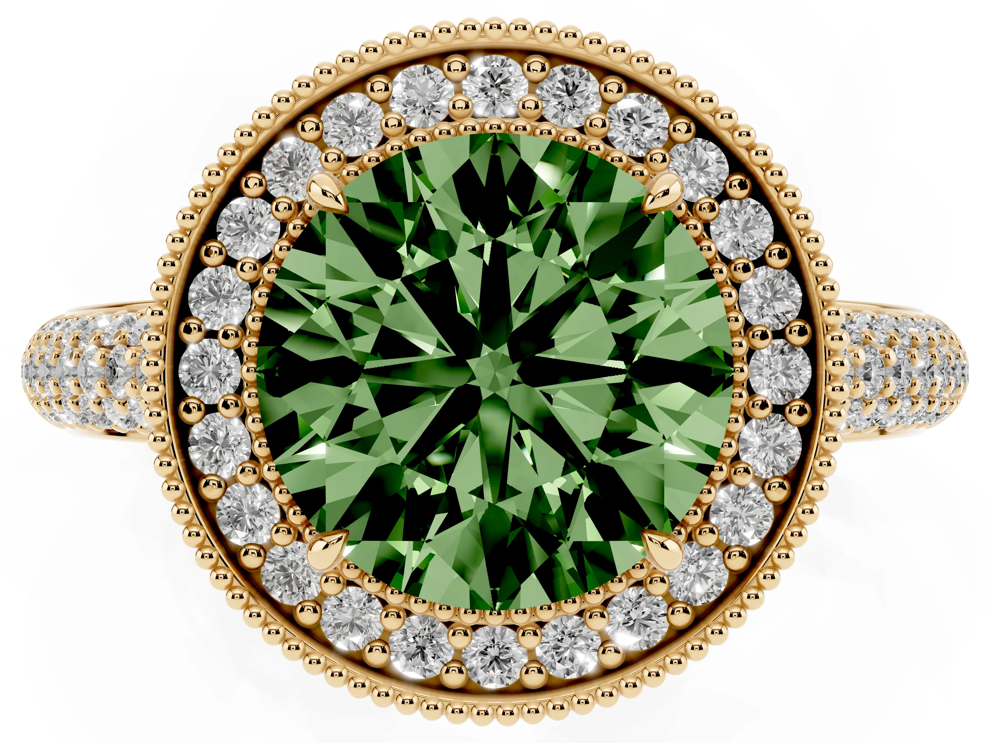 Fancy Green Round Cut Diamond Halo Pavé Band Set in Yellow gold with Prong Setting