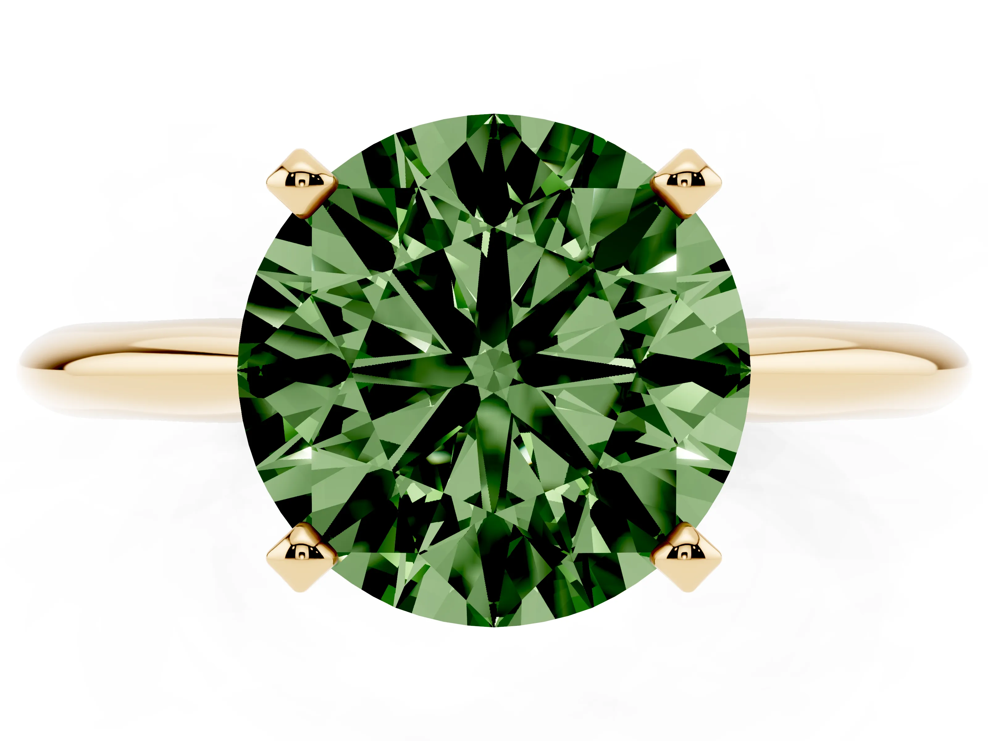 Fancy Green Round Cut Diamond Solitaire Ring Set in Yellow gold with Prong Setting on a Plain Round Band