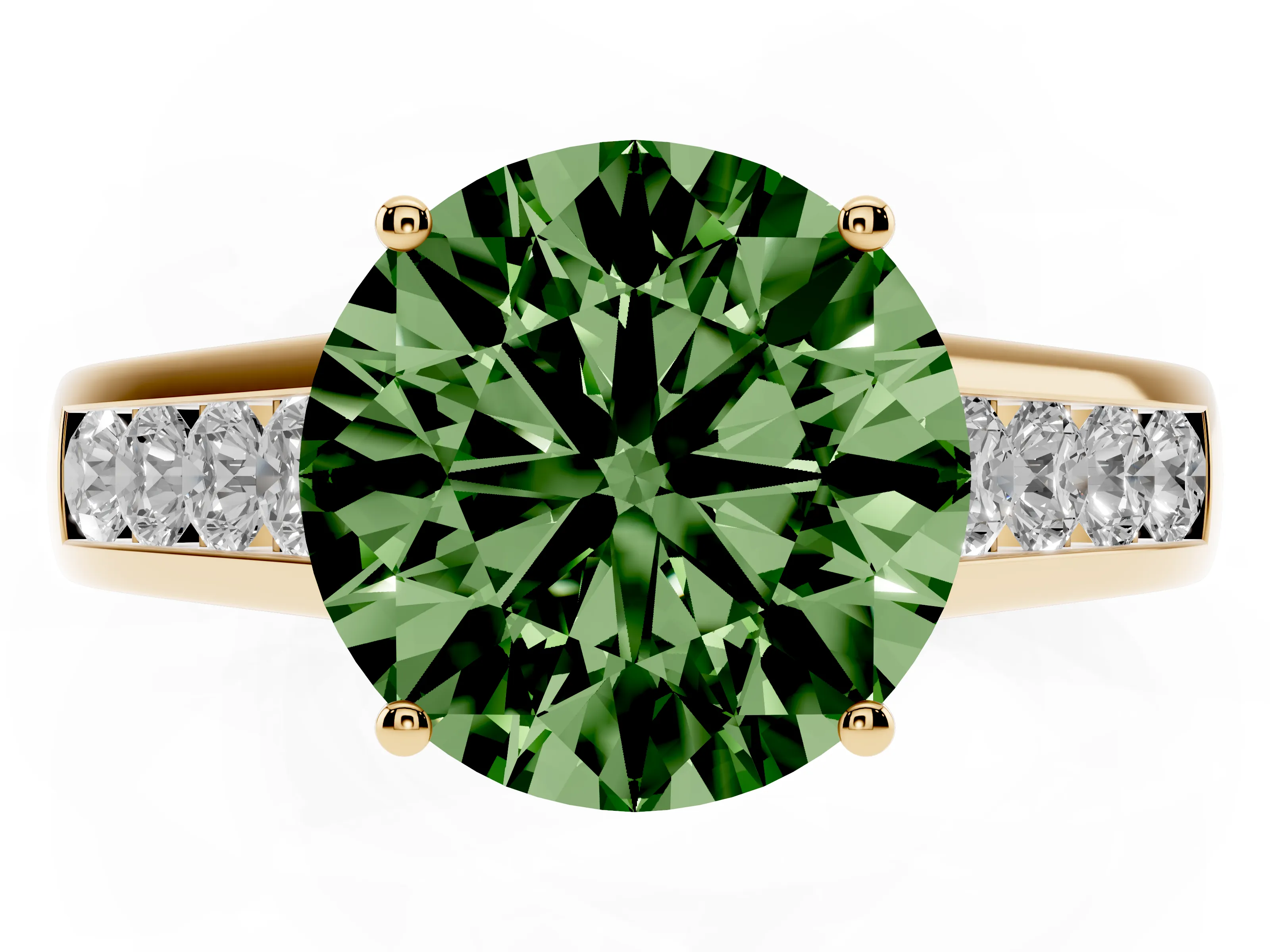 Fancy Green Round Cut Diamond Solitaire Channel-Set Engagement Ring Set in Yellow gold with Prong Setting