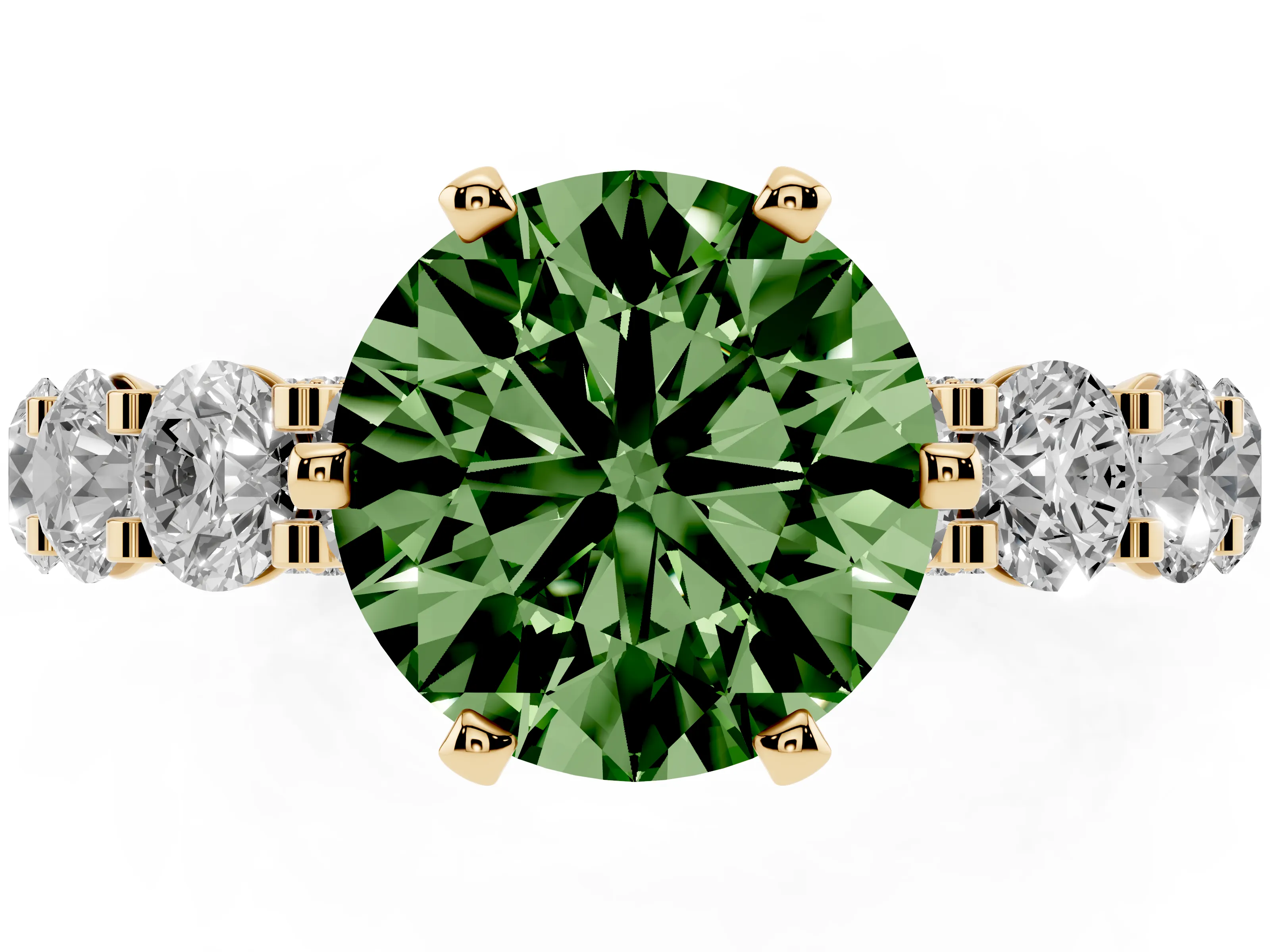 Fancy Green Round Cut Diamond Side Stone Ring Set in Yellow gold with Alternating Round and Oval Side Stones