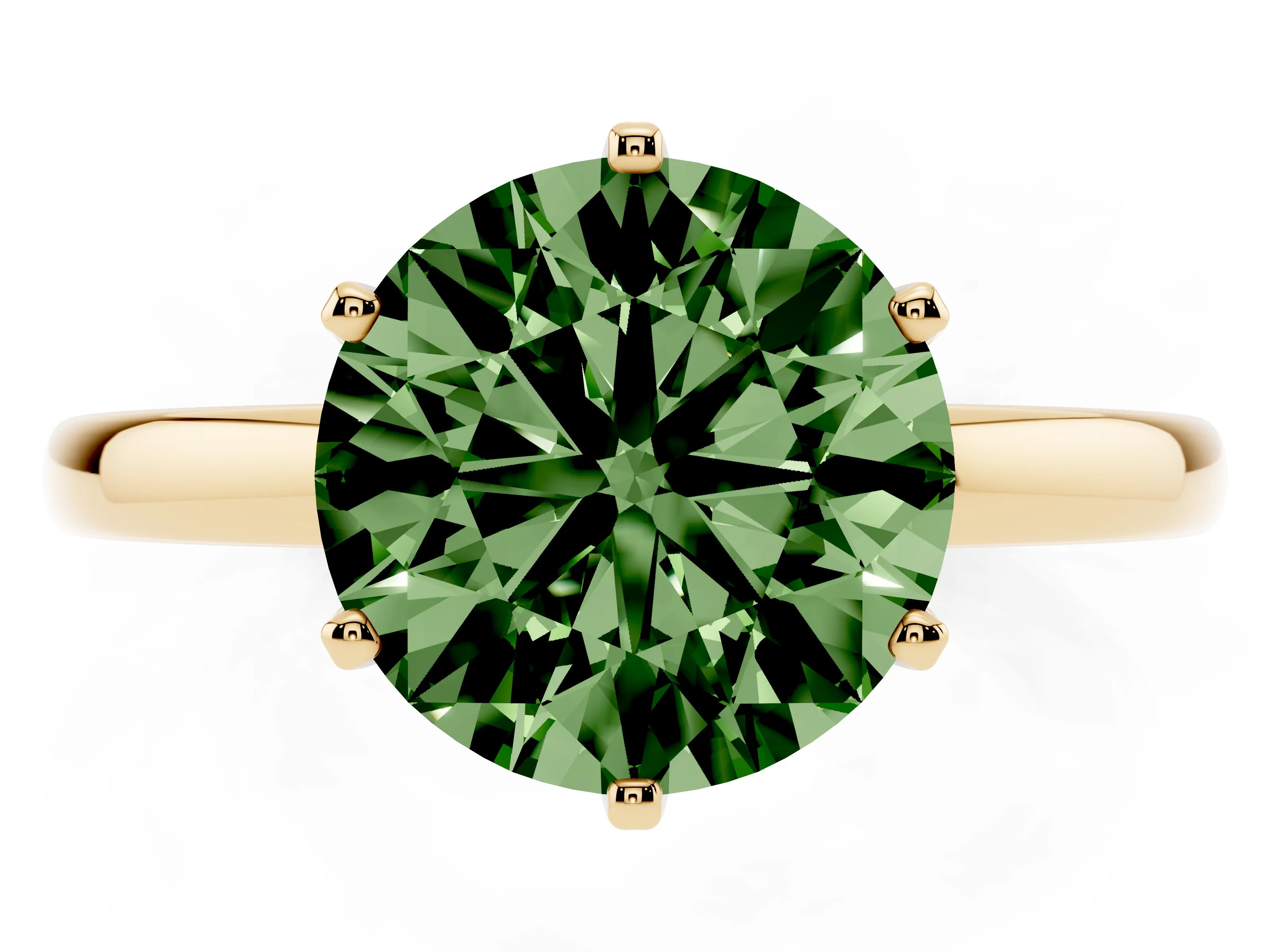 Fancy Green Round Cut Diamond Solitaire Ring Set in Yellow gold with Raised Prong Setting on a Classic Band